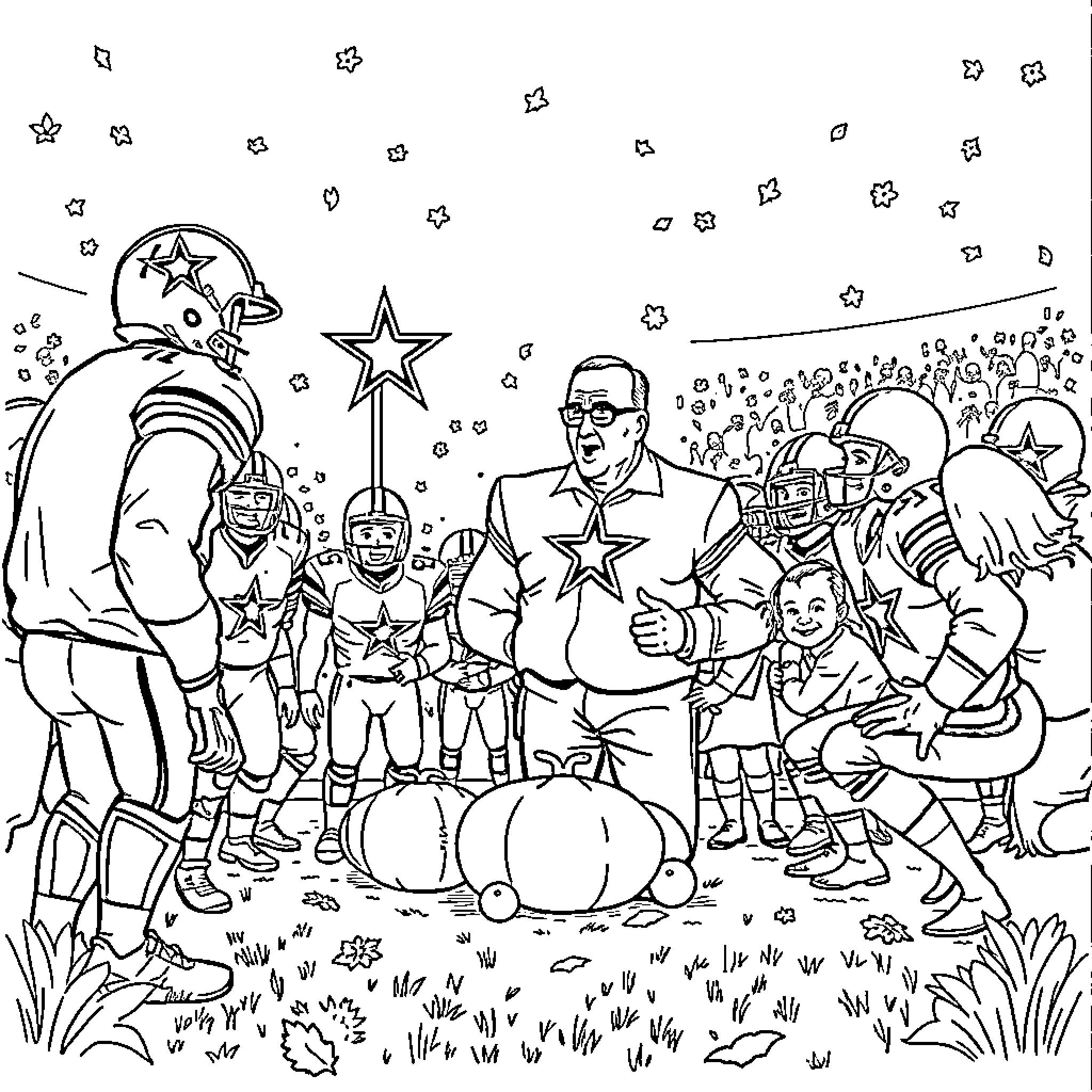 Cowboy football players celebrating a win Coloring Page (free black-and-white line drawing printable PDF for all, from beginners to advanced learners, including children, teens, adults, and seniors)
