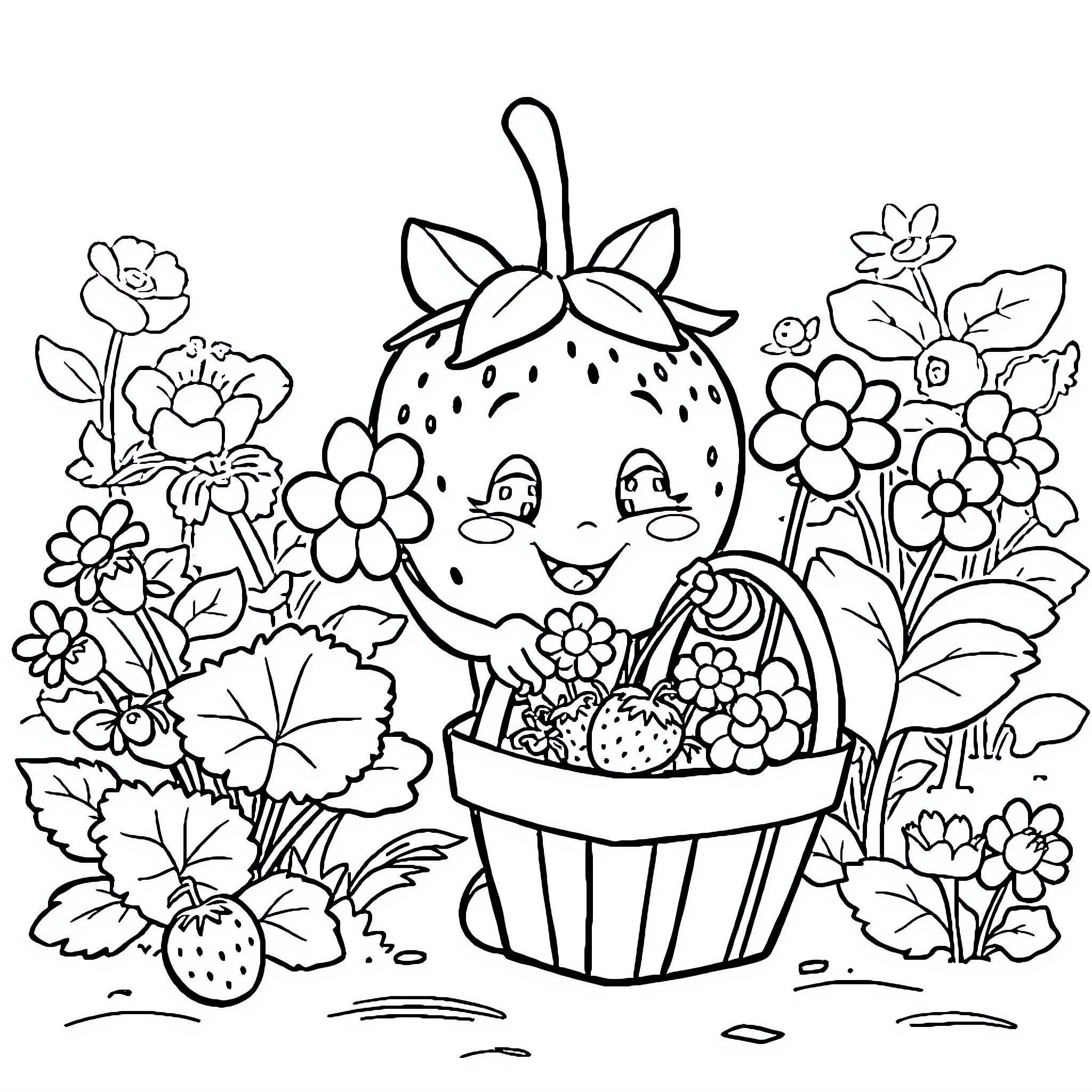 Strawberry basket surrounded by cheerful flowers Coloring Page (free black-and-white line drawing printable PDF for all, from beginners to advanced learners, including children, teens, adults, and seniors)