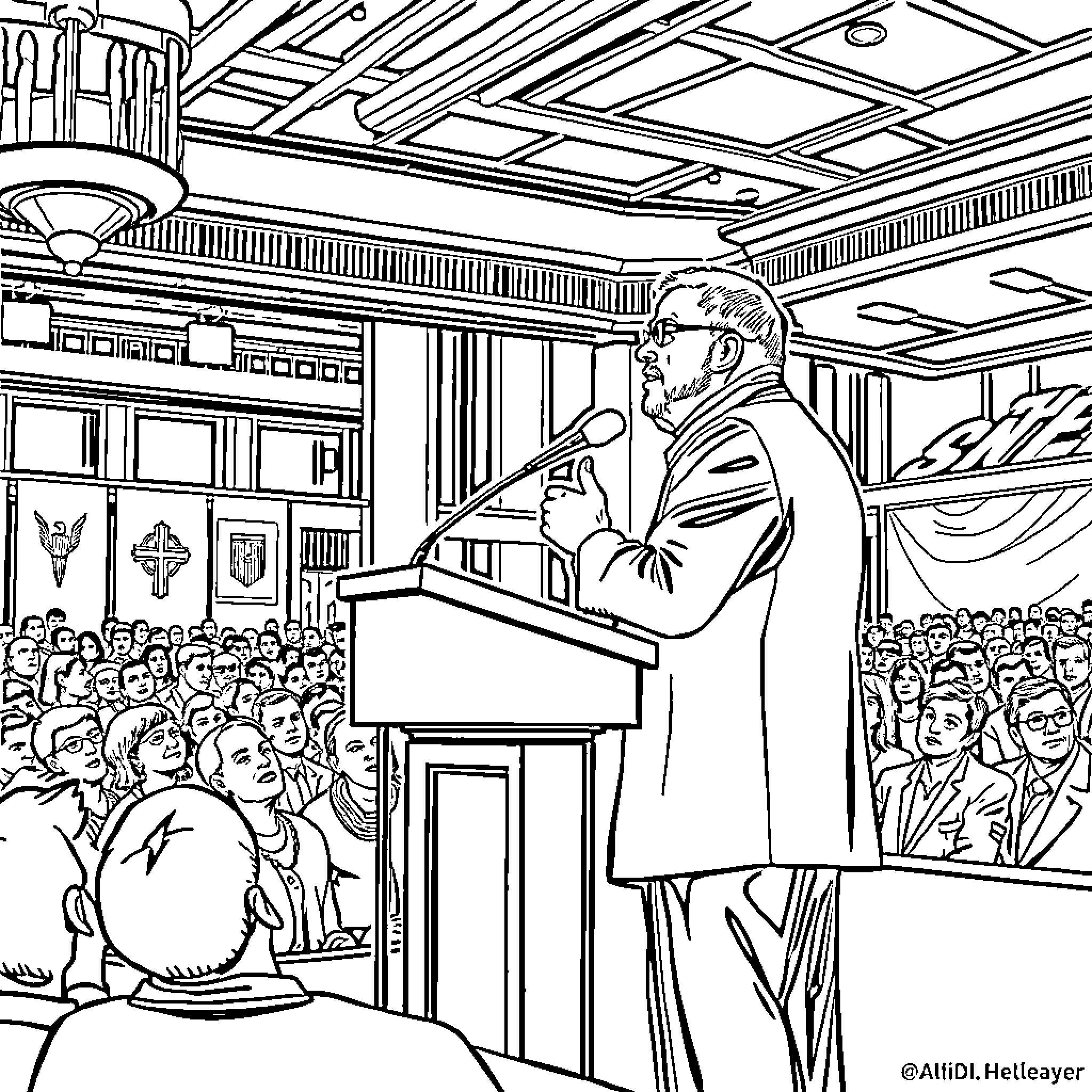 Dallin H Oaks delivering a speech before a large audience Coloring Page (free black-and-white line drawing printable PDF for all, from beginners to advanced learners, including children, teens, adults, and seniors)