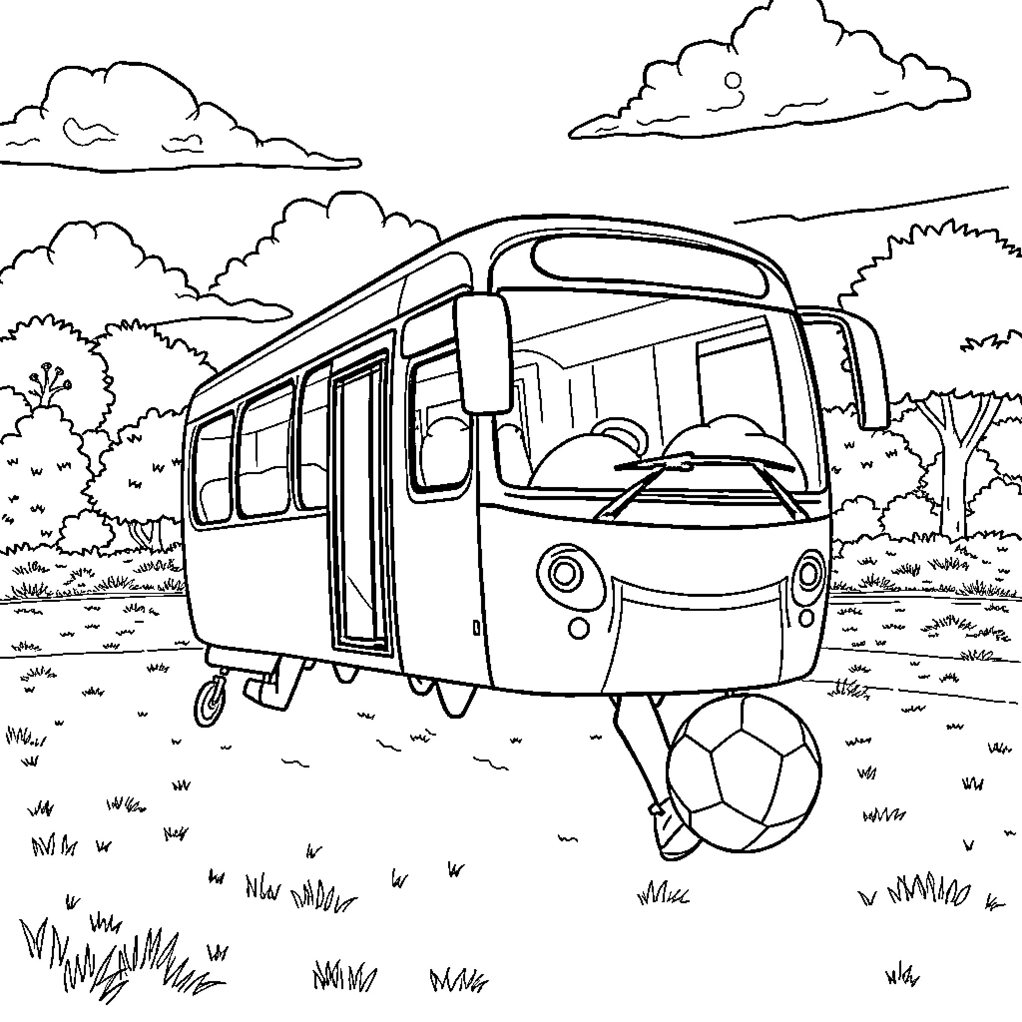 Perro riding on a bus in the countryside Coloring Page (free black-and-white line drawing printable PDF for all, from beginners to advanced learners, including children, teens, adults, and seniors)