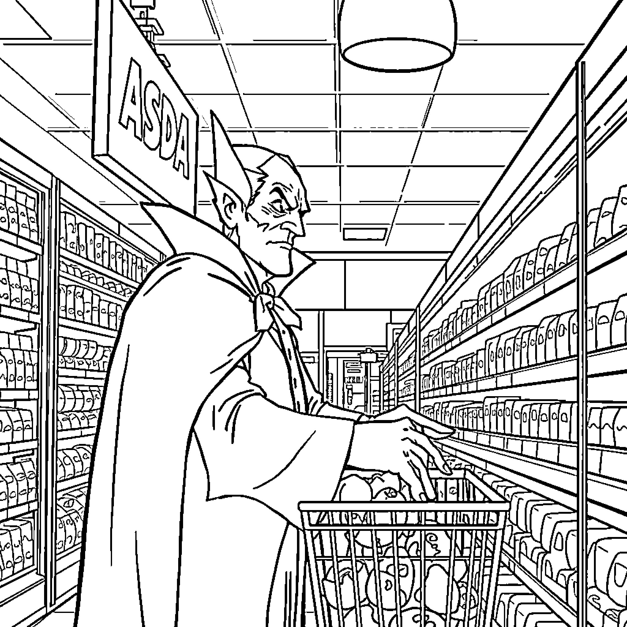 Dracula browsing in the grocery store Coloring Page (free black-and-white line drawing printable PDF for all, from beginners to advanced learners, including children, teens, adults, and seniors)