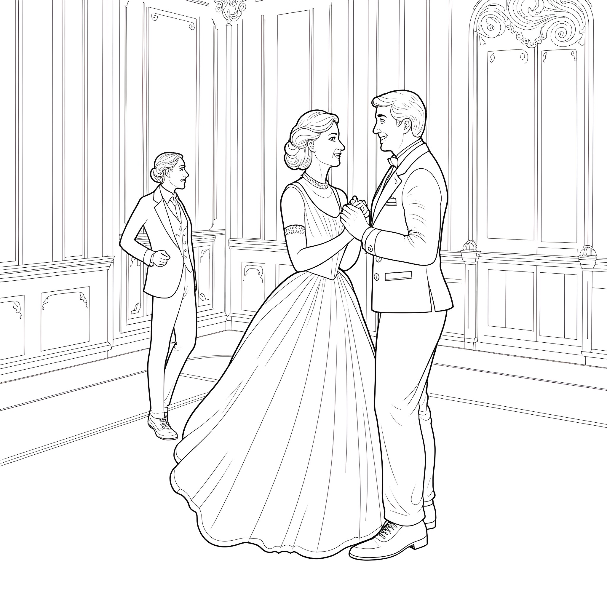 Downton Abbey Character Attending Formal Ball Coloring Page (free black-and-white line drawing printable PDF for all, from beginners to advanced learners, including children, teens, adults, and seniors)
