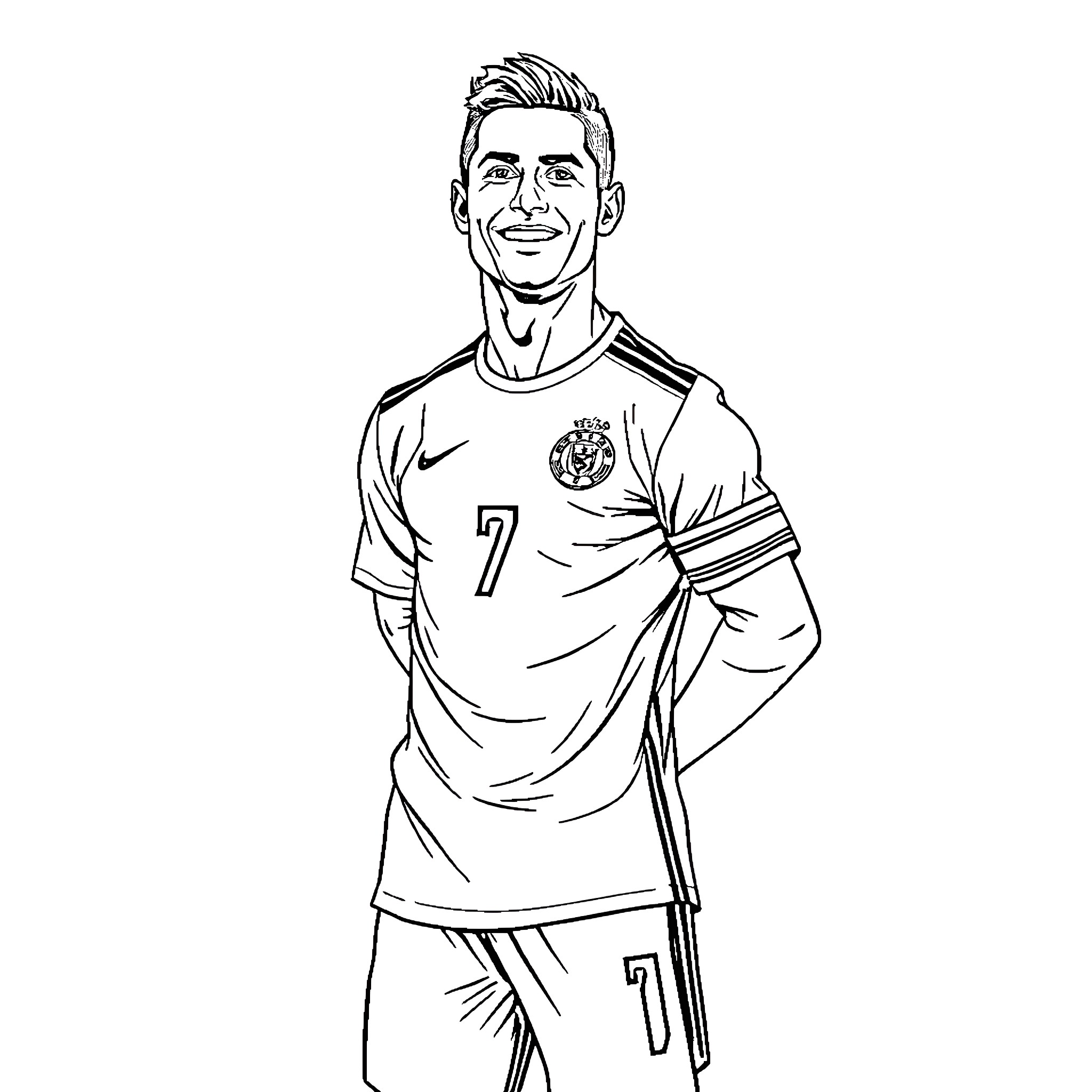Cristiano Ronaldo smiling in sports uniform Coloring Page (free black-and-white line drawing printable PDF for all, from beginners to advanced learners, including children, teens, adults, and seniors)