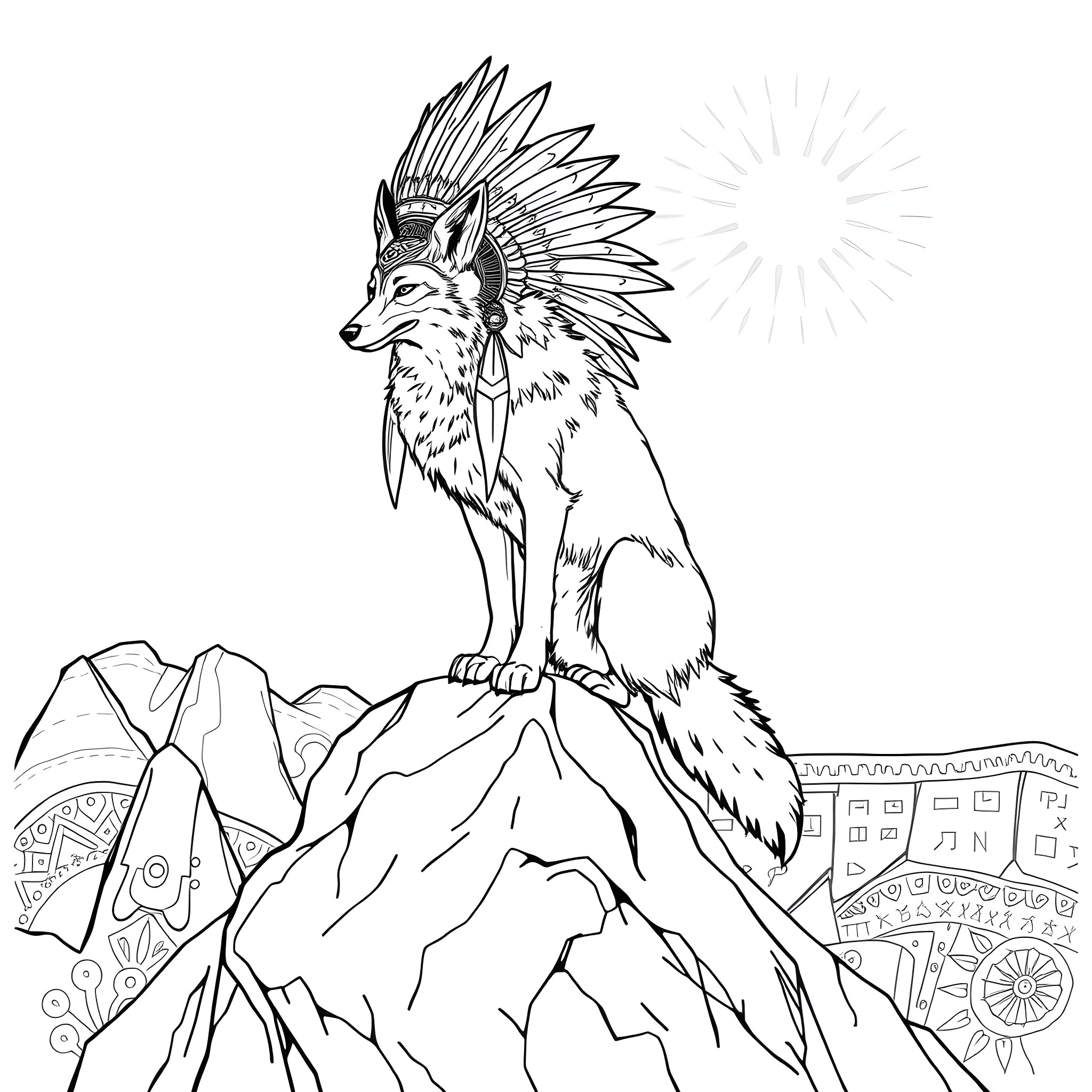 Coyote on a Mountain with Tribal Headdress Coloring Page (free black-and-white line drawing printable PDF for all, from beginners to advanced learners, including children, teens, adults, and seniors)
