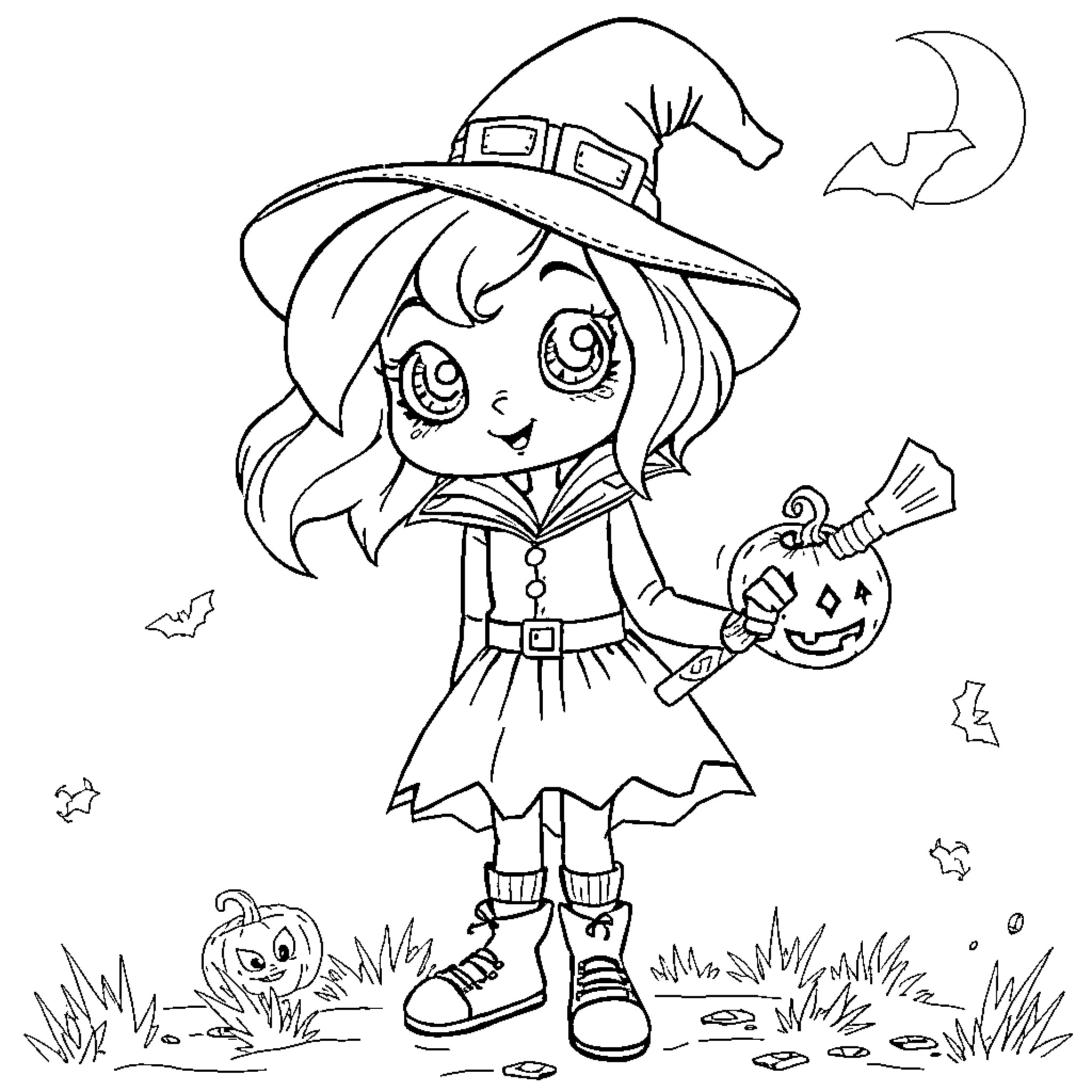 Zoë the Joyful Witch with Pumpkin Coloring Page (free black-and-white line drawing printable PDF for all, from beginners to advanced learners, including children, teens, adults, and seniors)