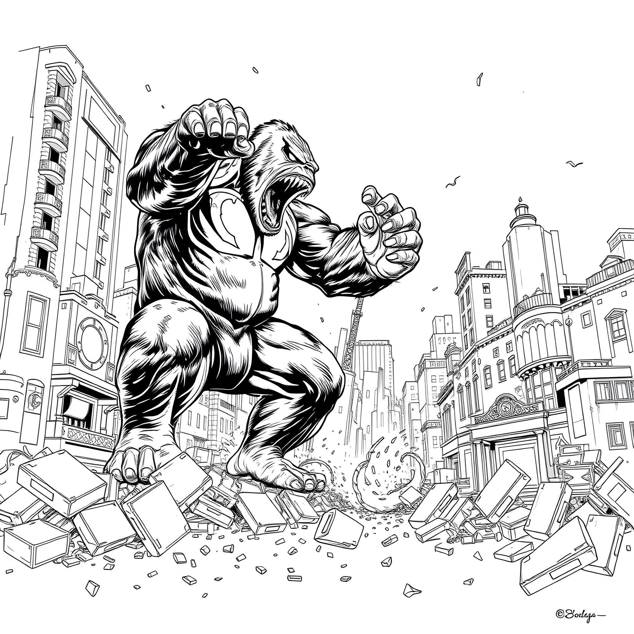 Venom unleashing destruction in the city Coloring Page (free black-and-white line drawing printable PDF for all, from beginners to advanced learners, including children, teens, adults, and seniors)