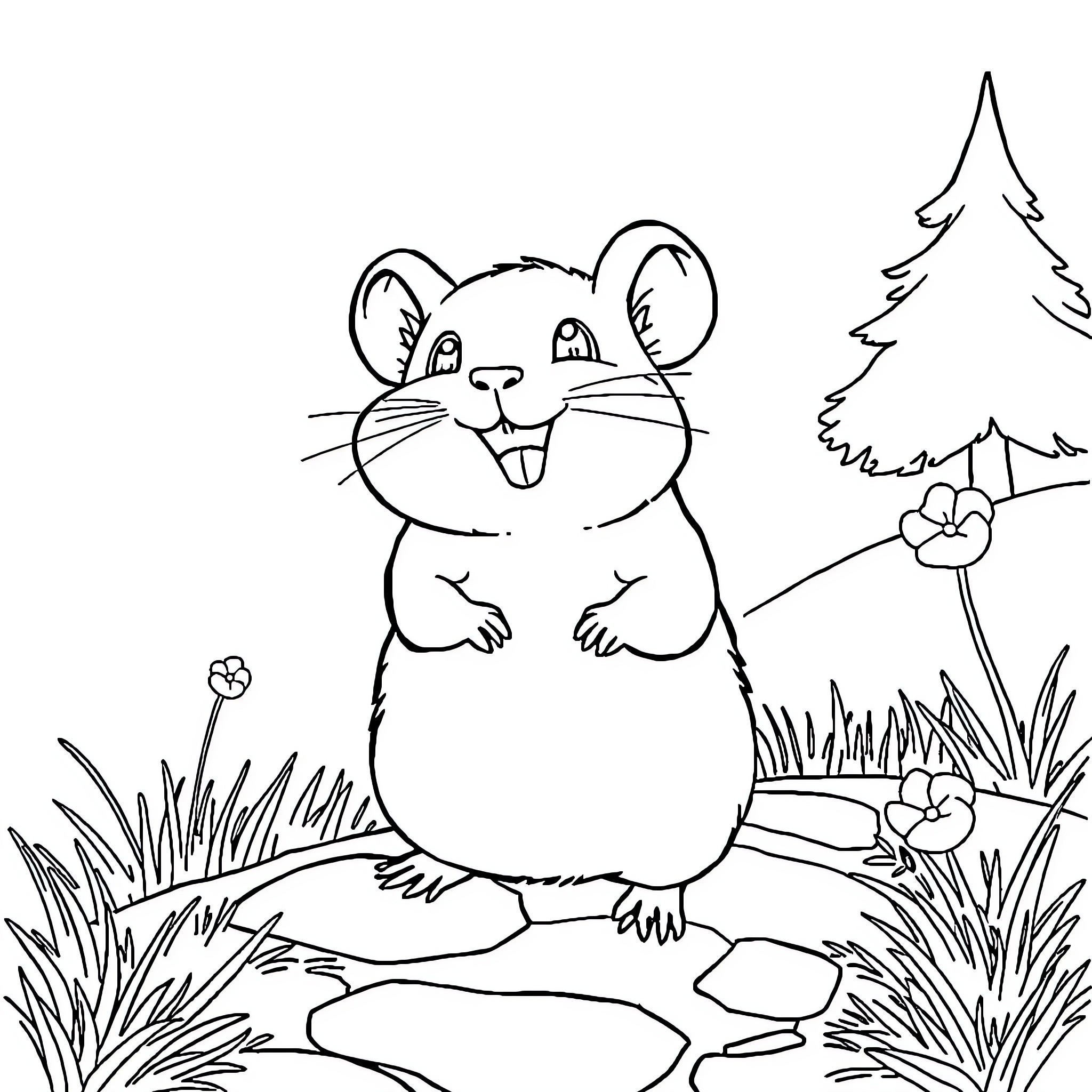 Hamster exploring the forest happily Coloring Page (free black-and-white line drawing printable PDF for all, from beginners to advanced learners, including children, teens, adults, and seniors)