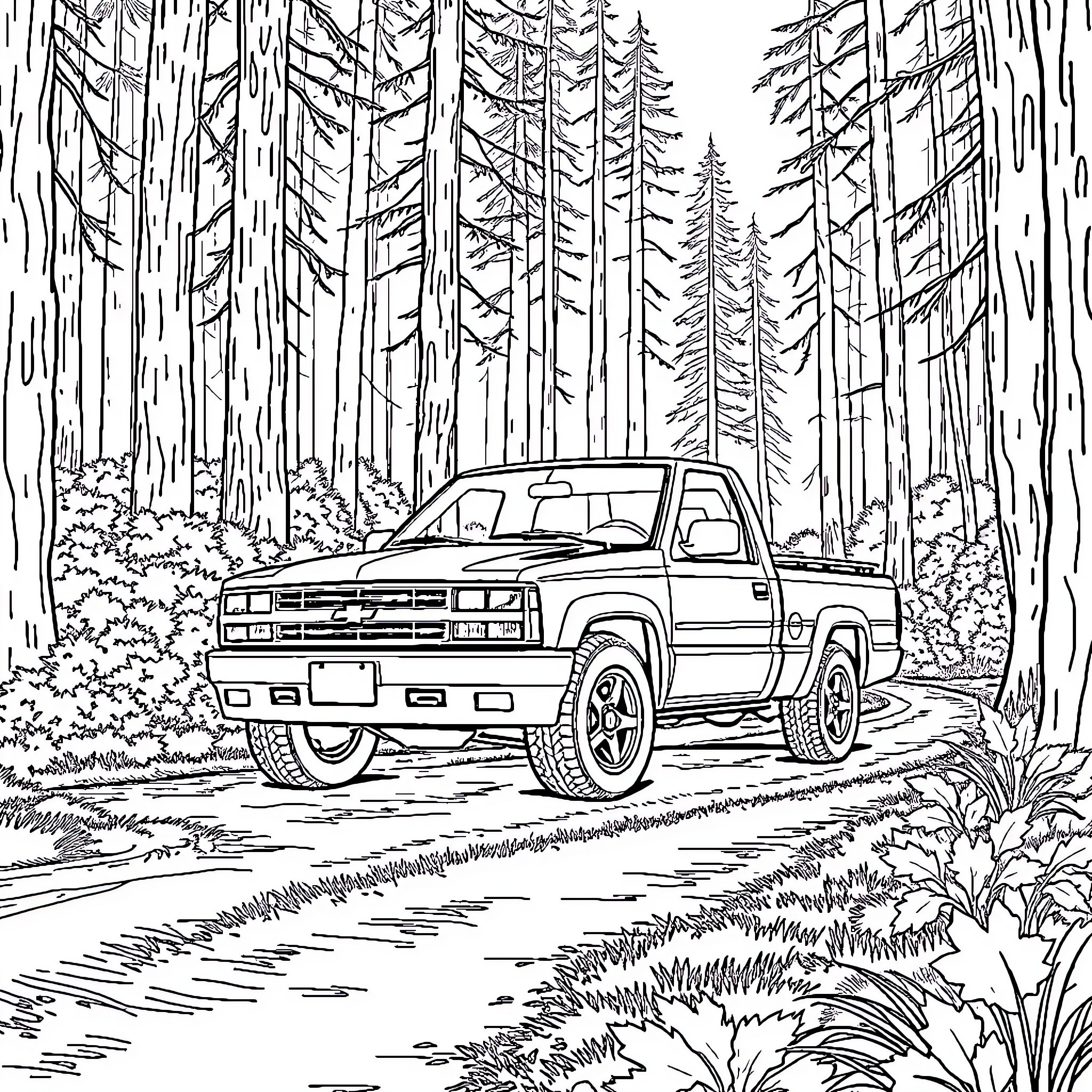Chevy S10 truck in the forest Coloring Page (free black-and-white line drawing printable PDF for all, from beginners to advanced learners, including children, teens, adults, and seniors)
