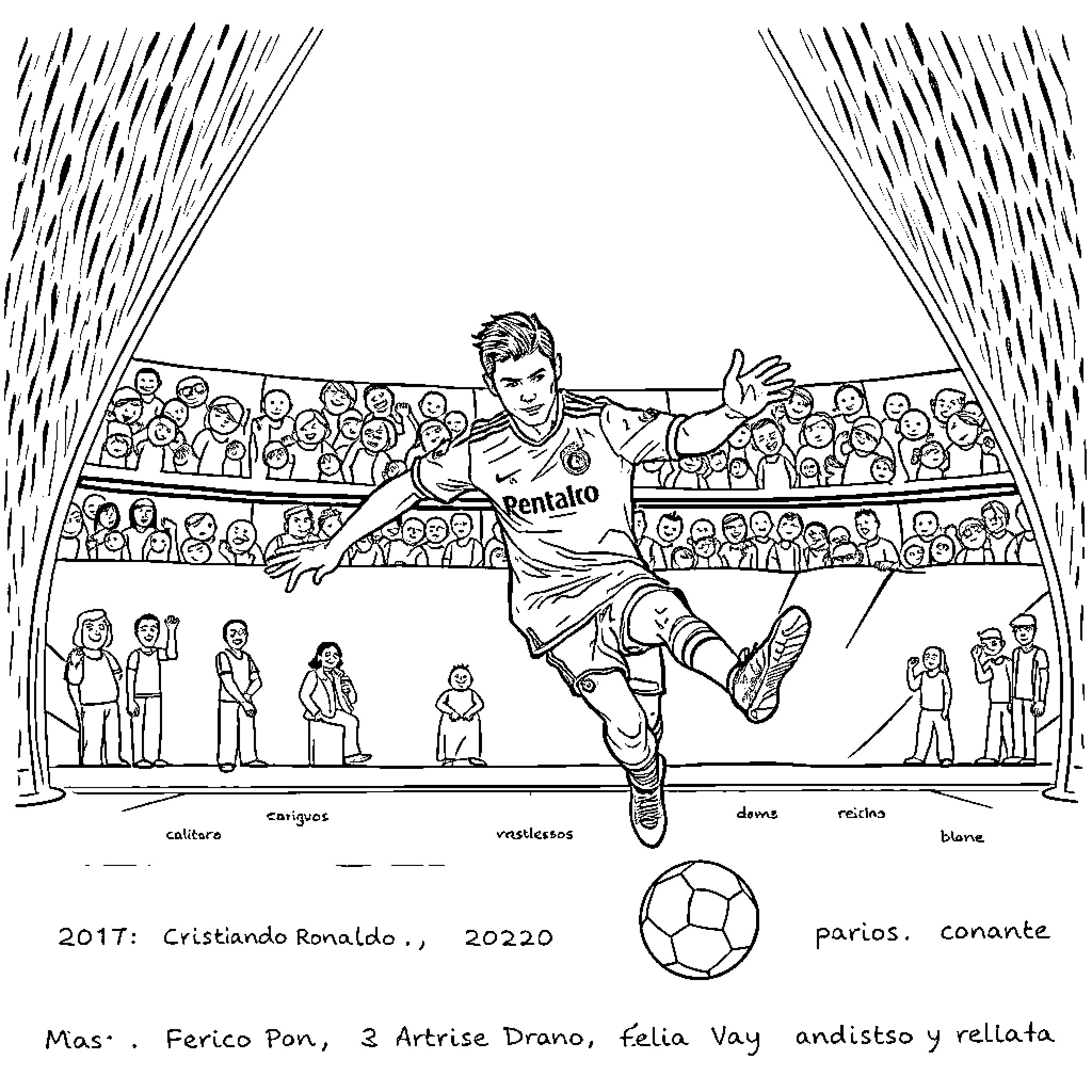 Cristiano Ronaldo celebrating a goal on the field Coloring Page (free black-and-white line drawing printable PDF for all, from beginners to advanced learners, including children, teens, adults, and seniors)