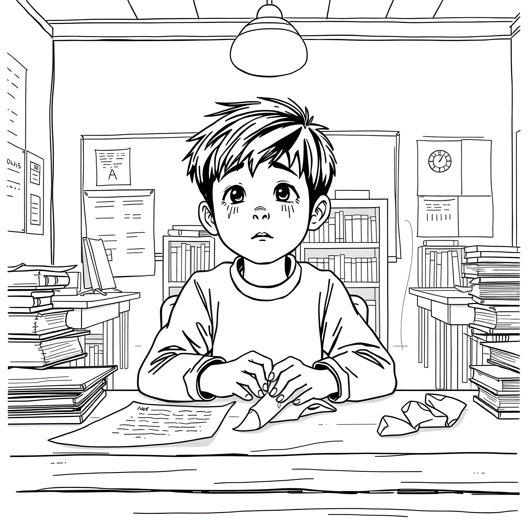 Kid studying diligently in the library Coloring Page (free black-and-white line drawing printable PDF for all, from beginners to advanced learners, including children, teens, adults, and seniors)