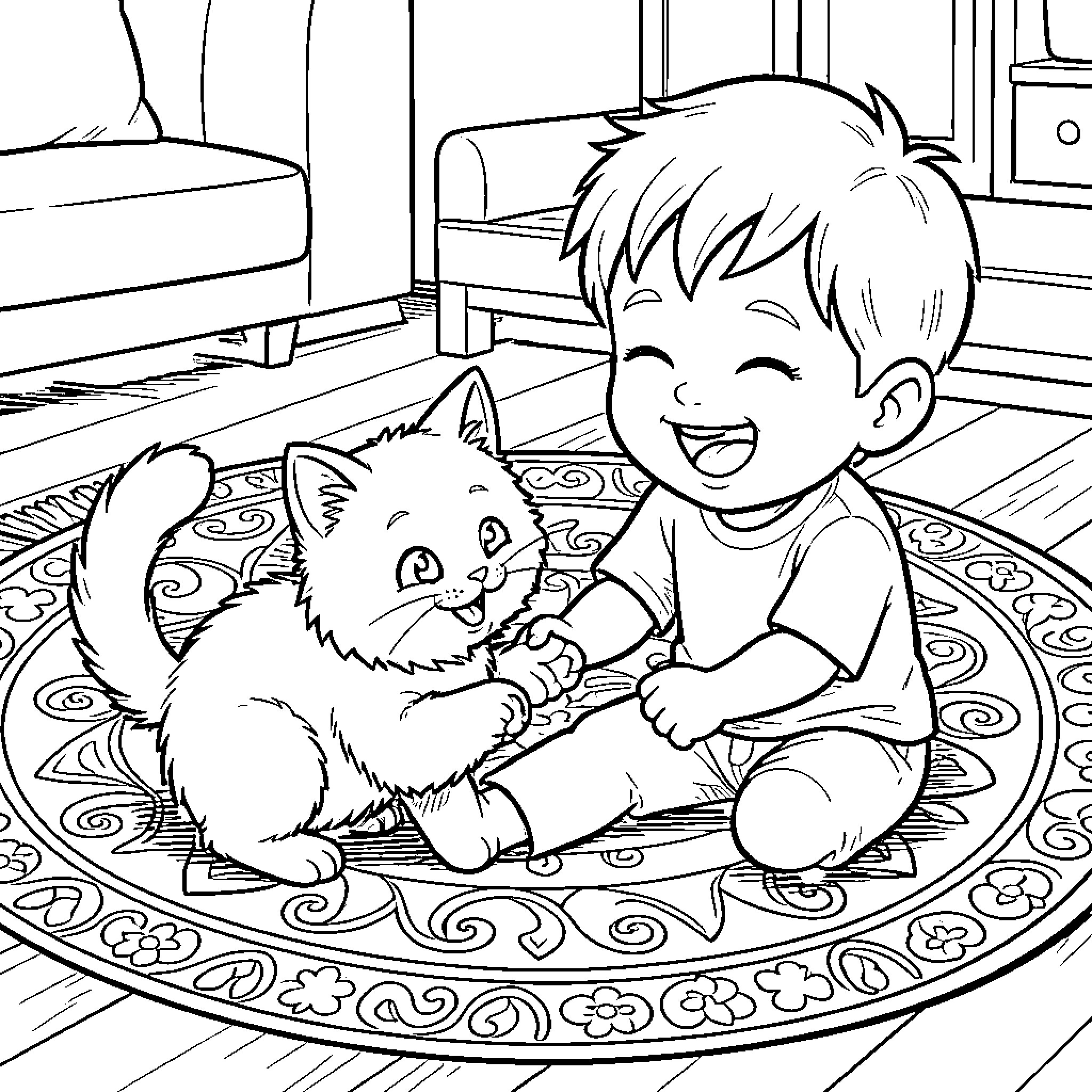 Cat and boy playing happily on decorative rug Coloring Page (free black-and-white line drawing printable PDF for all, from beginners to advanced learners, including children, teens, adults, and seniors)