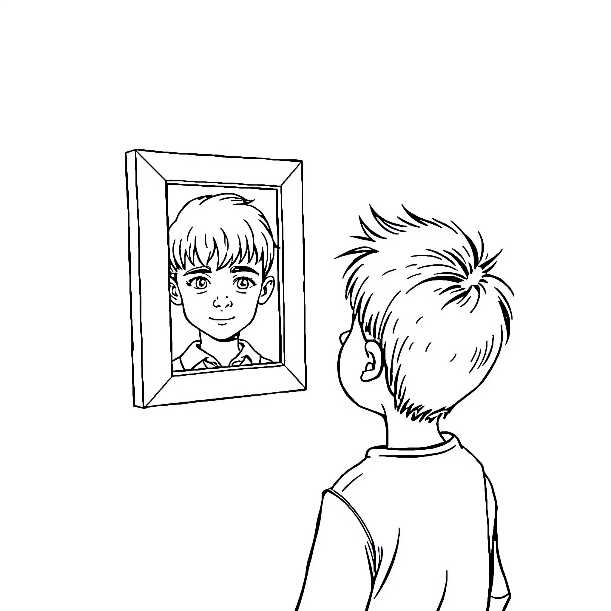 Boy examining his reflection in a mirror Coloring Page (free black-and-white line drawing printable PDF for all, from beginners to advanced learners, including children, teens, adults, and seniors)