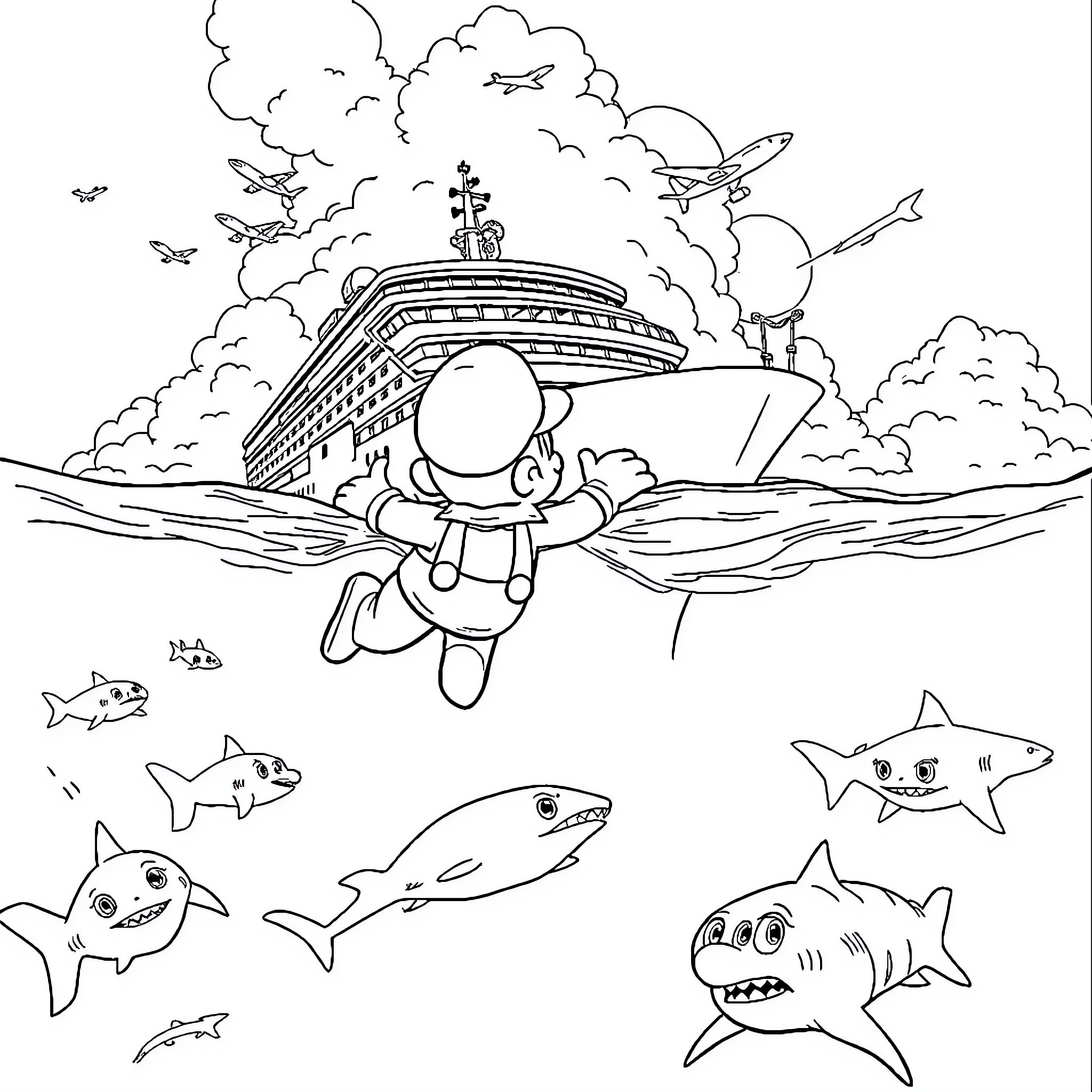 Mario's Aquatic Adventure with Cruise Ship Coloring Page (free black-and-white line drawing printable PDF for all, from beginners to advanced learners, including children, teens, adults, and seniors)