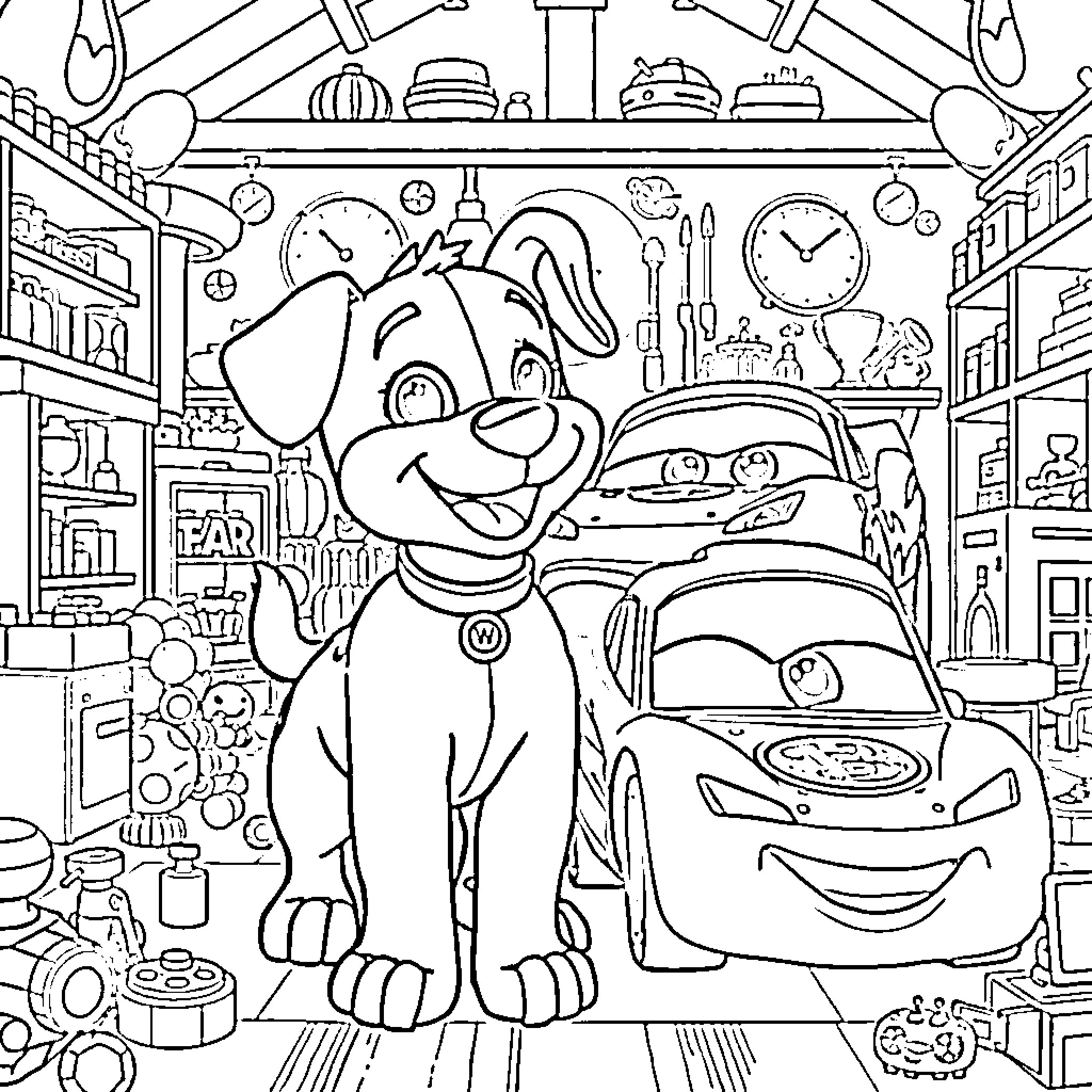 Bluey and Bingo Explore the Garage Workshop Coloring Page (free black-and-white line drawing printable PDF for all, from beginners to advanced learners, including children, teens, adults, and seniors)