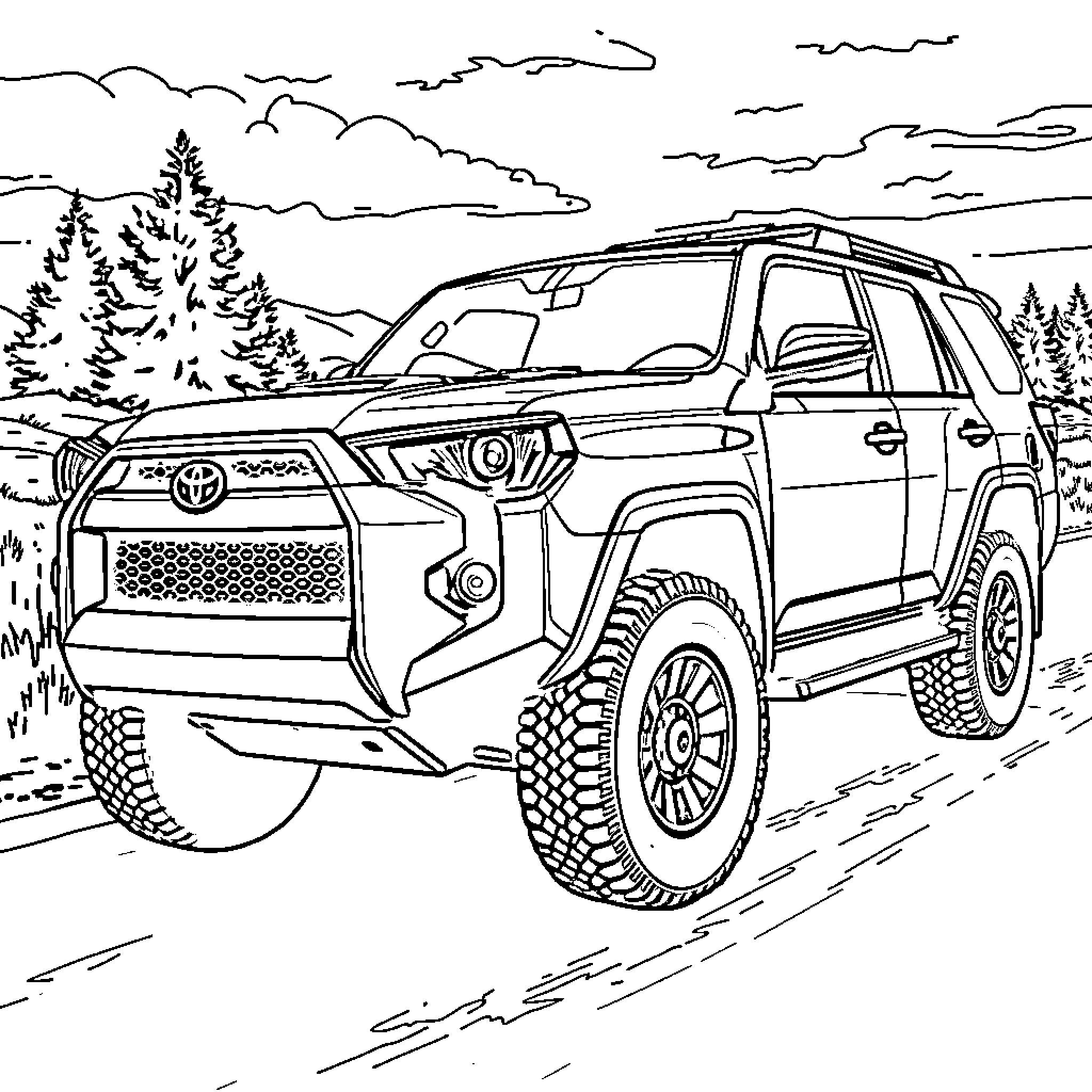 Toyota 4Runner off-road in scenic landscape Coloring Page (free black-and-white line drawing printable PDF for all, from beginners to advanced learners, including children, teens, adults, and seniors)