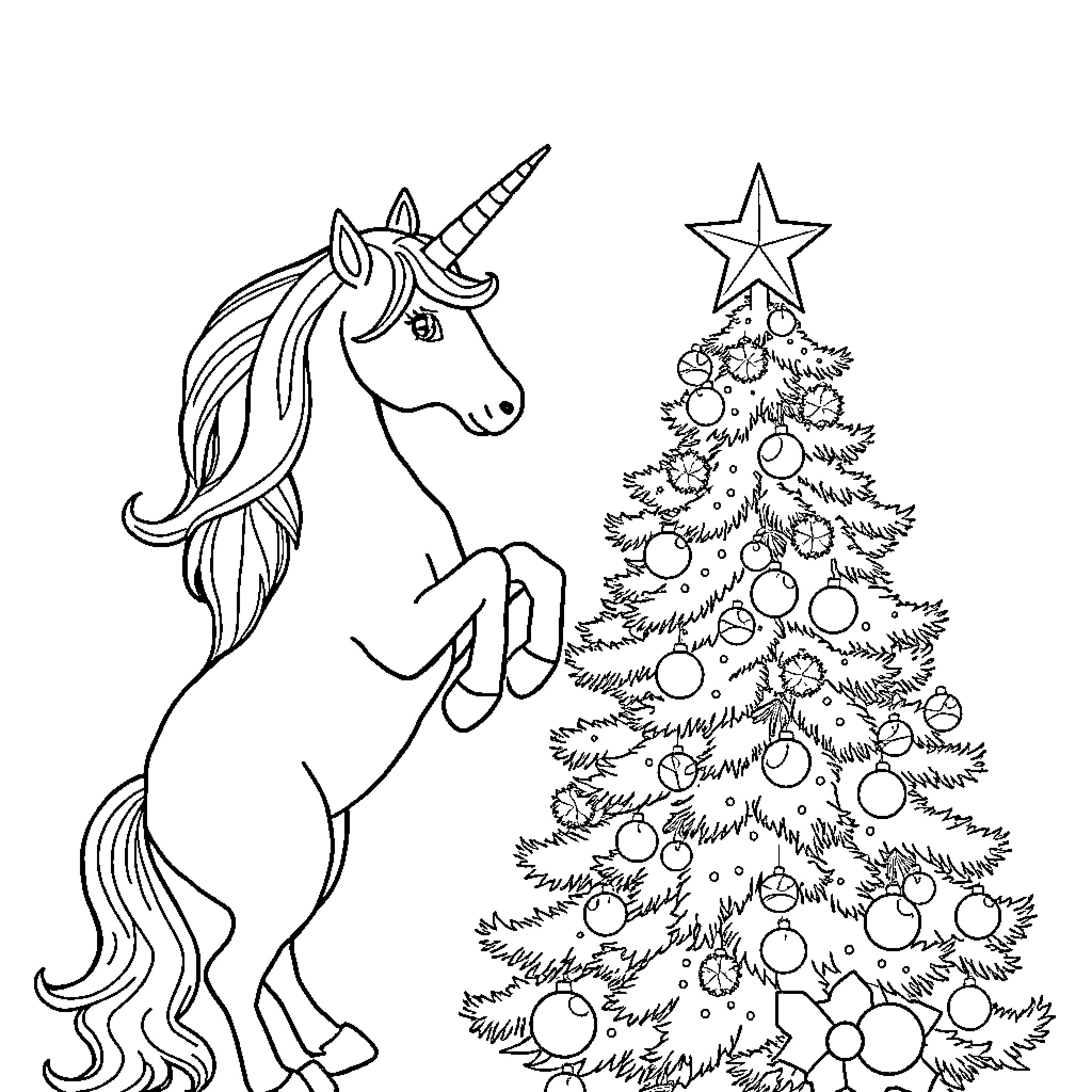 Unicorn decorating a festive Christmas tree Coloring Page (free black-and-white line drawing printable PDF for all, from beginners to advanced learners, including children, teens, adults, and seniors)