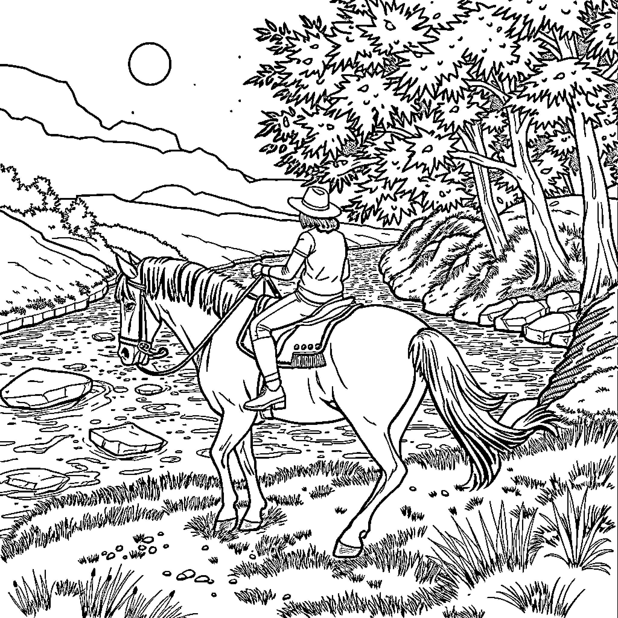 Horse rider traversing a scenic landscape Coloring Page (free black-and-white line drawing printable PDF for all, from beginners to advanced learners, including children, teens, adults, and seniors)