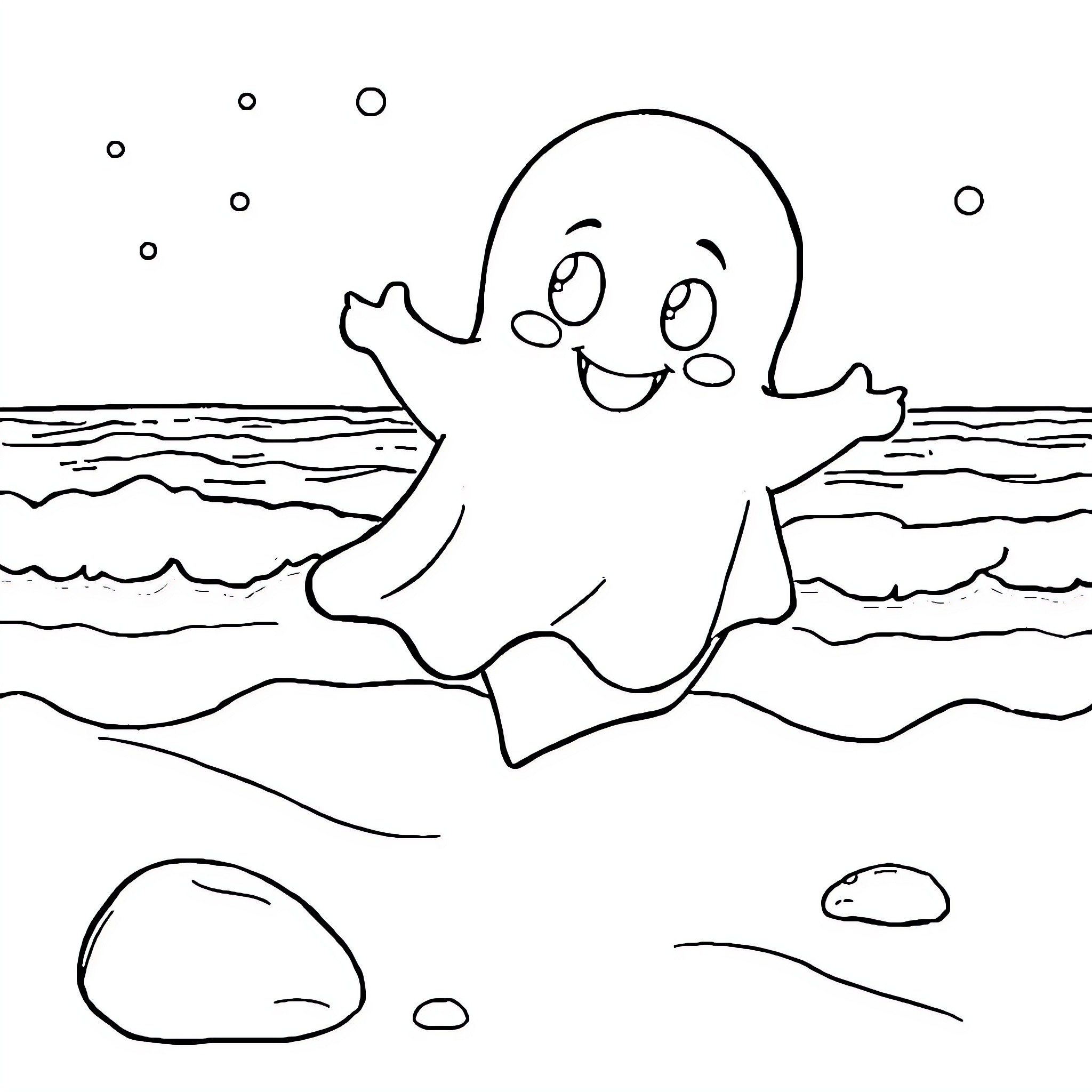 Ghost playfully swimming in the ocean Coloring Page (free black-and-white line drawing printable PDF for all, from beginners to advanced learners, including children, teens, adults, and seniors)