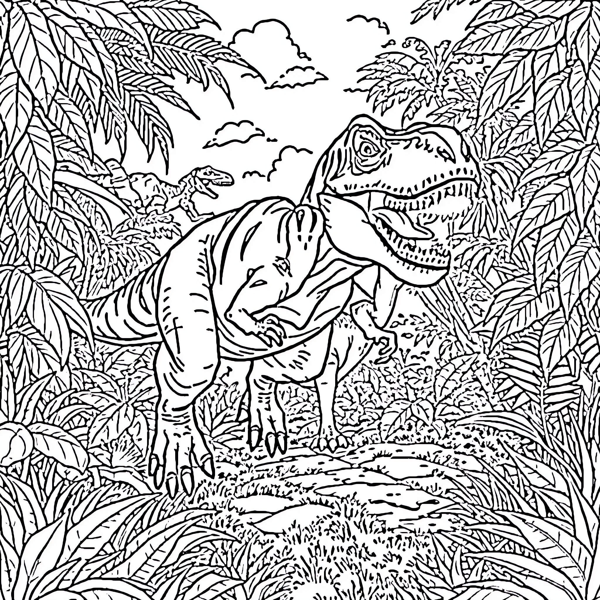 Dinosaur roaming through the lush jungle landscape Coloring Page (free black-and-white line drawing printable PDF for all, from beginners to advanced learners, including children, teens, adults, and seniors)