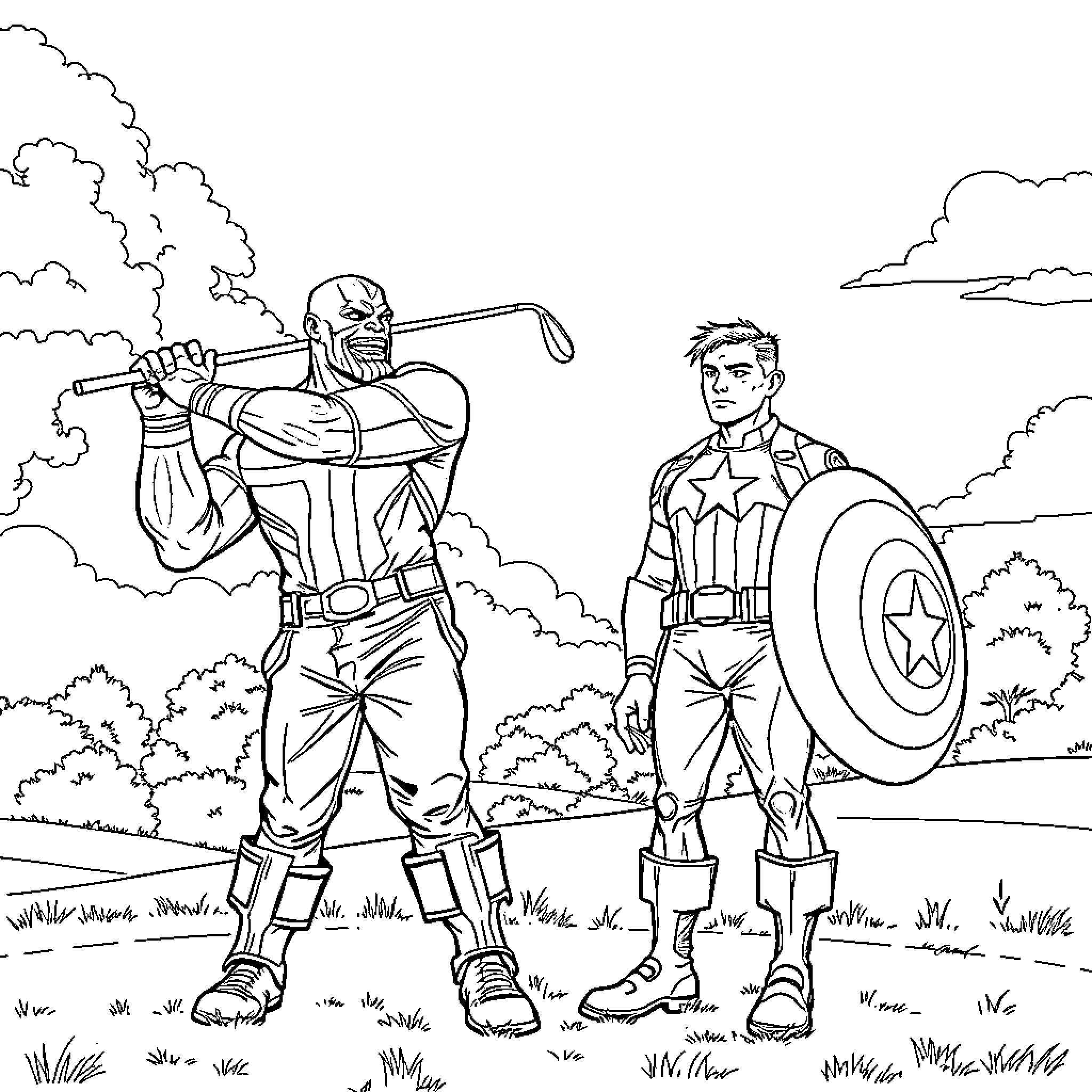 Thanos and Captain America battle in the wilderness Coloring Page (free black-and-white line drawing printable PDF for all, from beginners to advanced learners, including children, teens, adults, and seniors)