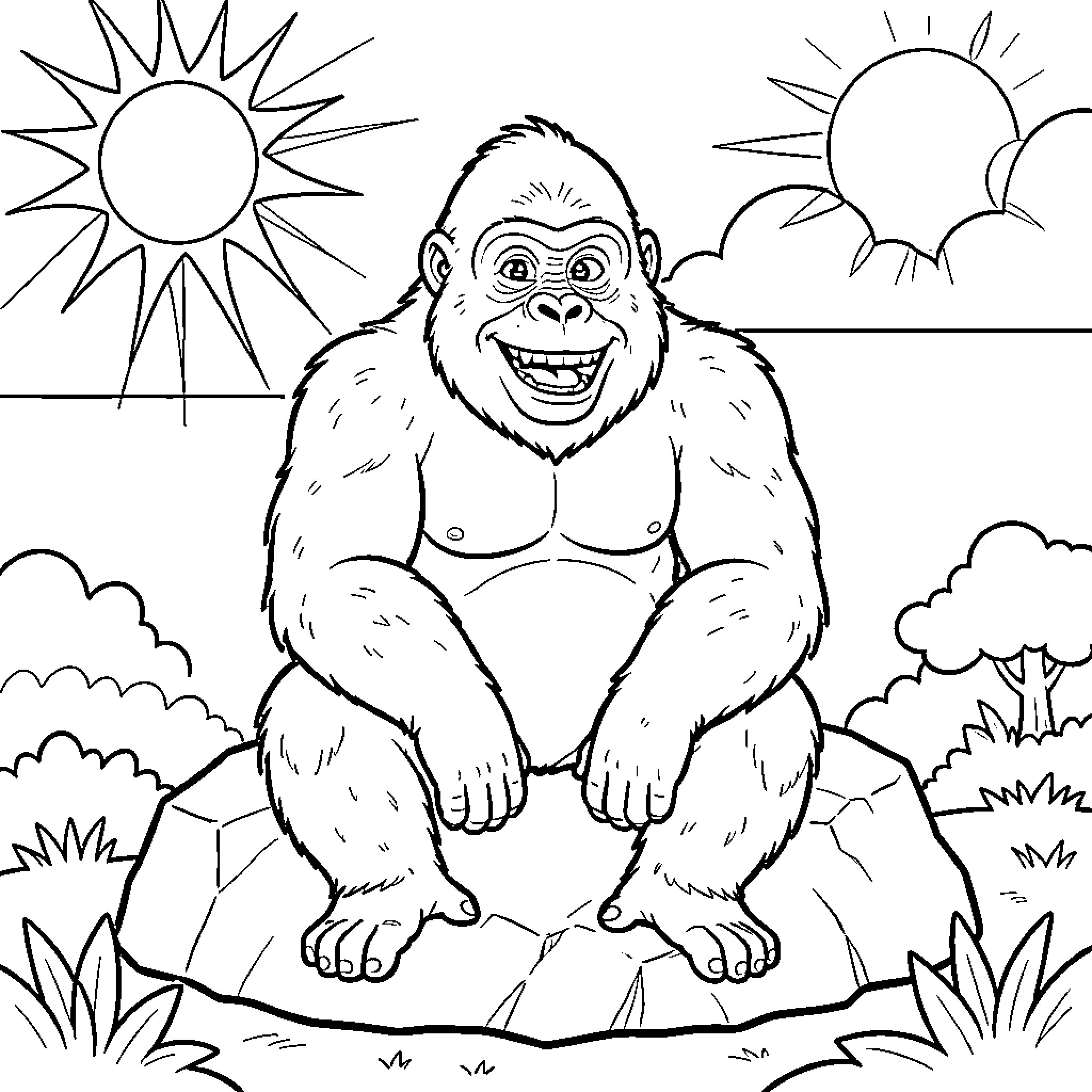 Gorilla enjoying the sunny day in nature Coloring Page (free black-and-white line drawing printable PDF for all, from beginners to advanced learners, including children, teens, adults, and seniors)