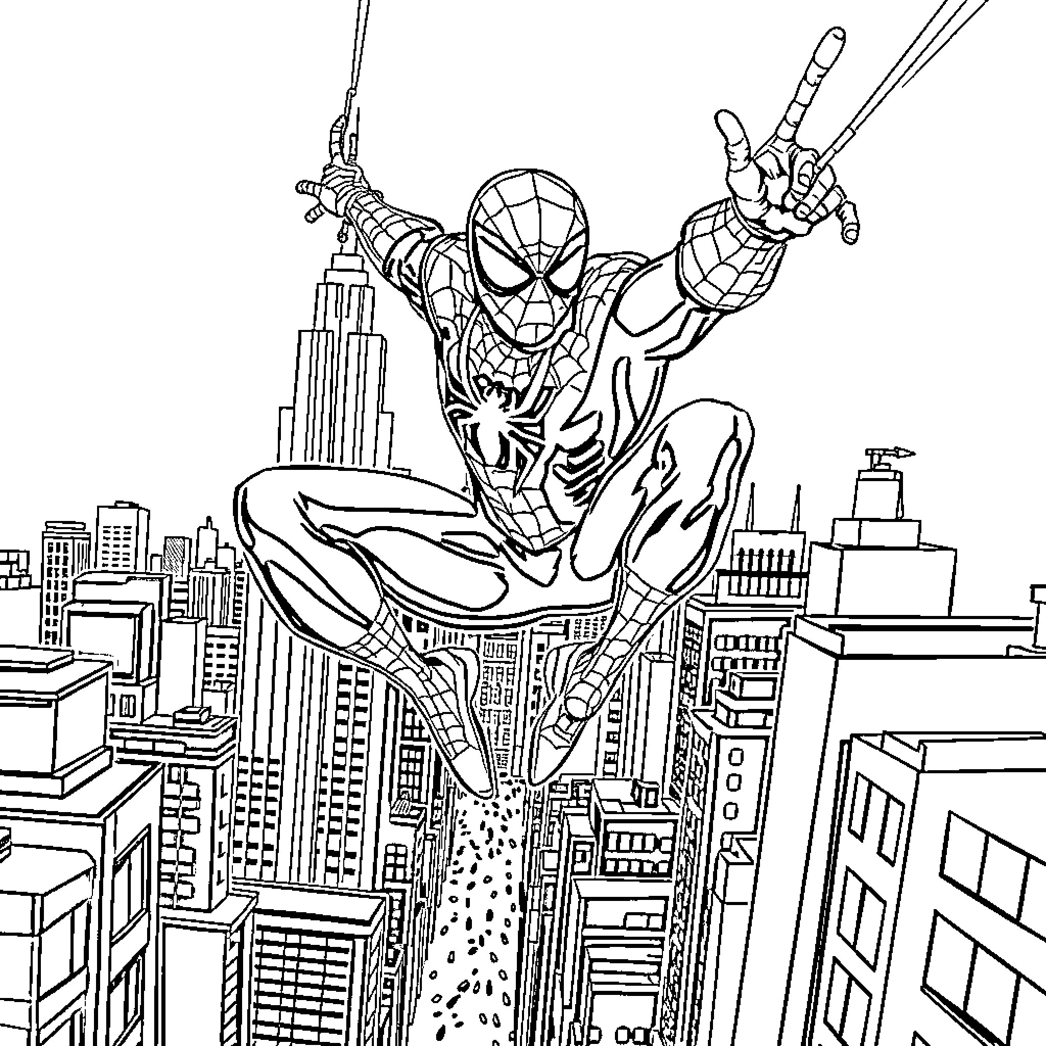 Spider-Man swinging through the city skyline Coloring Page (free black-and-white line drawing printable PDF for all, from beginners to advanced learners, including children, teens, adults, and seniors)