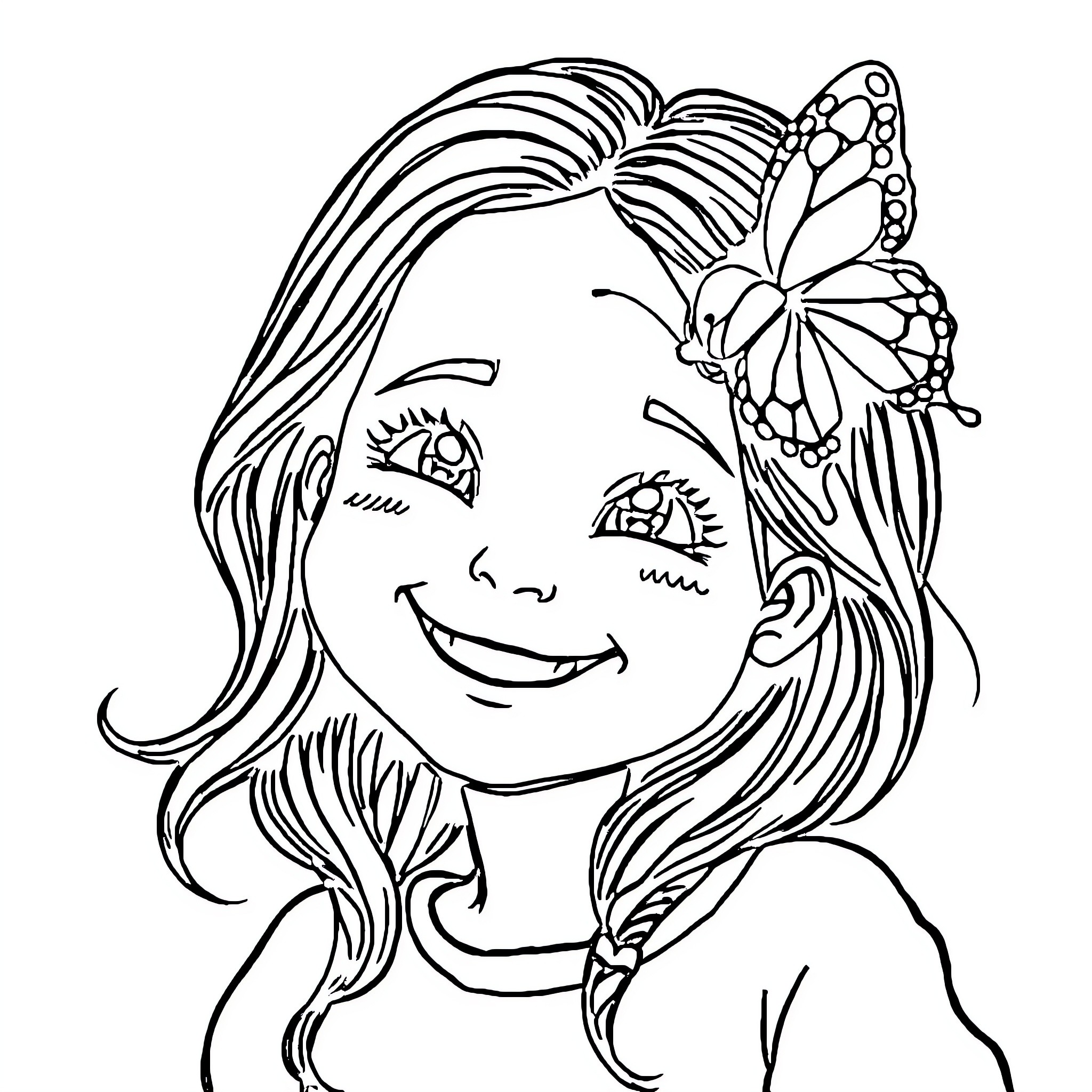 Girl with Butterfly Hairclip Smiling Happily Coloring Page (free black-and-white line drawing printable PDF for all, from beginners to advanced learners, including children, teens, adults, and seniors)