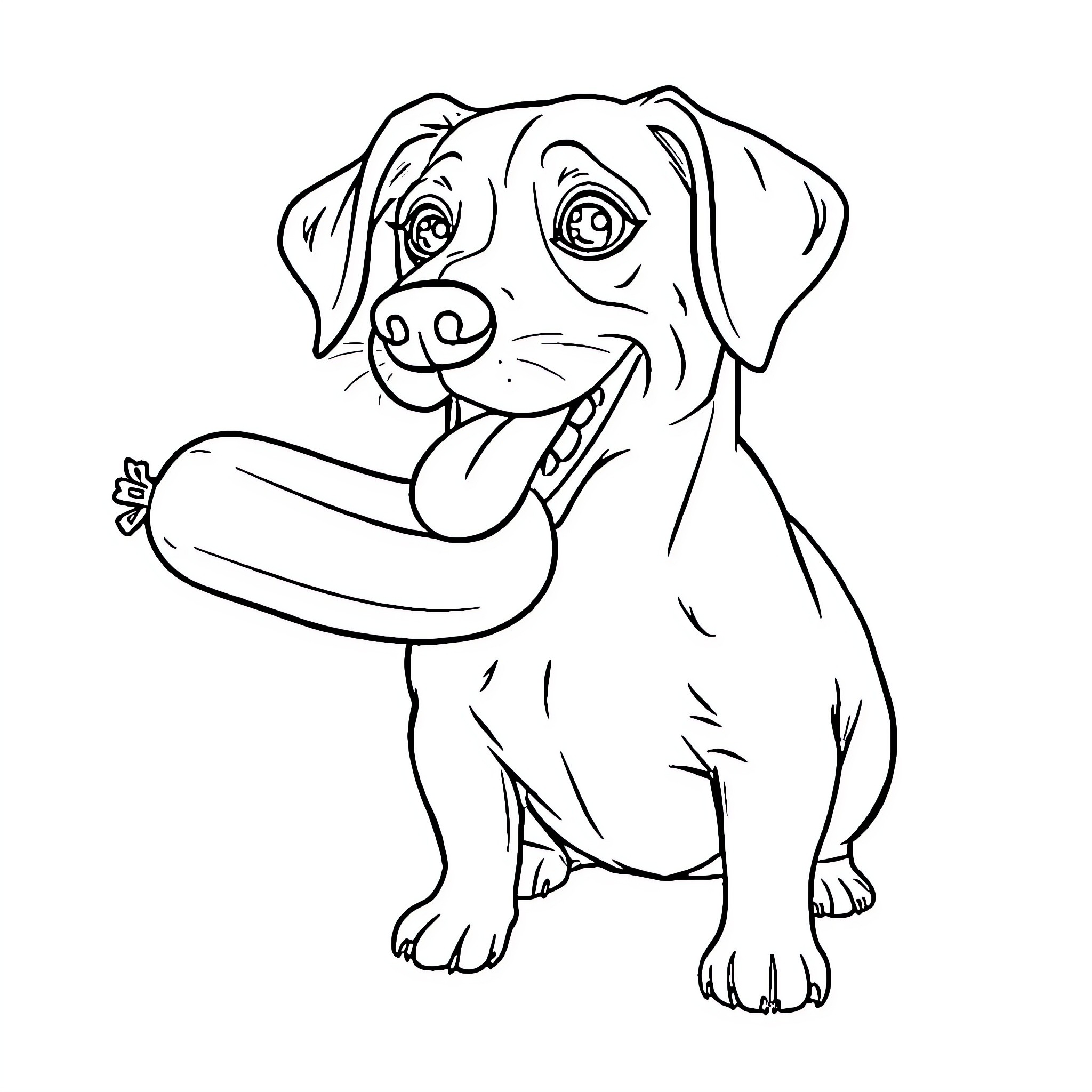 Sausage Dog Playing with Favorite Toy Coloring Page (free black-and-white line drawing printable PDF for all, from beginners to advanced learners, including children, teens, adults, and seniors)