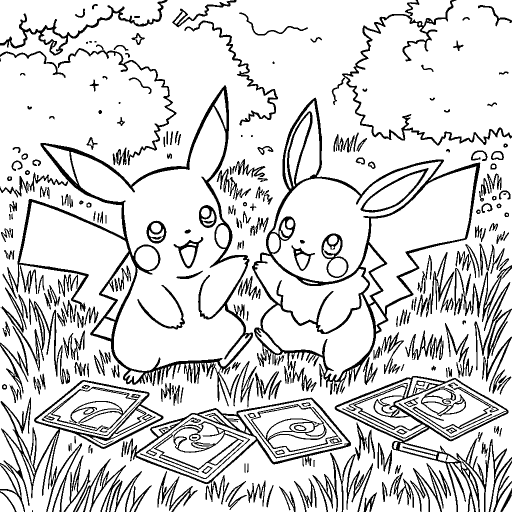 Pikachu and friends playing with Pokémon cards in the grass Coloring Page (free black-and-white line drawing printable PDF for all, from beginners to advanced learners, including children, teens, adults, and seniors)