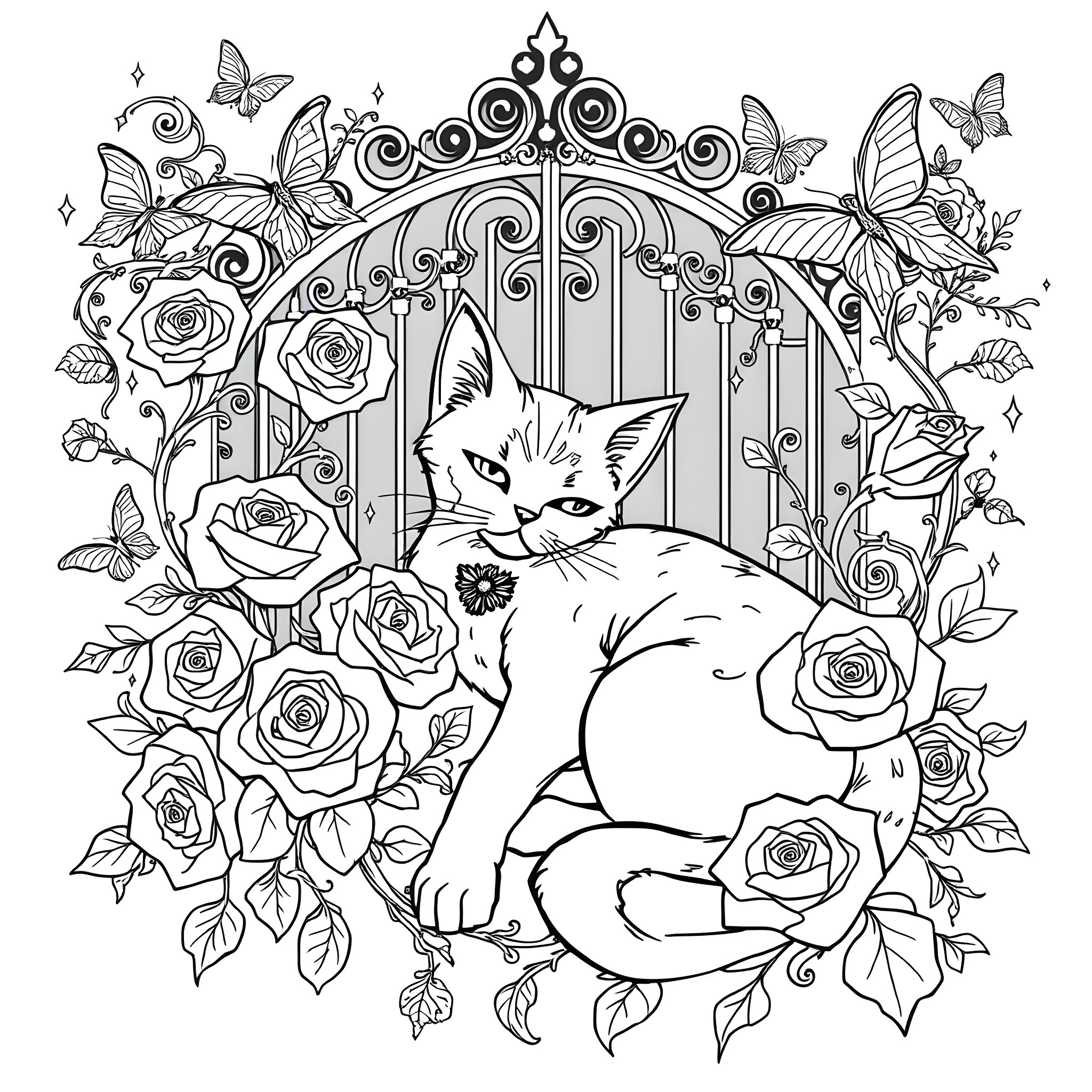Kitty Surrounded by Whimsical Floral Patterns and Butterflies Coloring Page (free black-and-white line drawing printable PDF for all, from beginners to advanced learners, including children, teens, adults, and seniors)