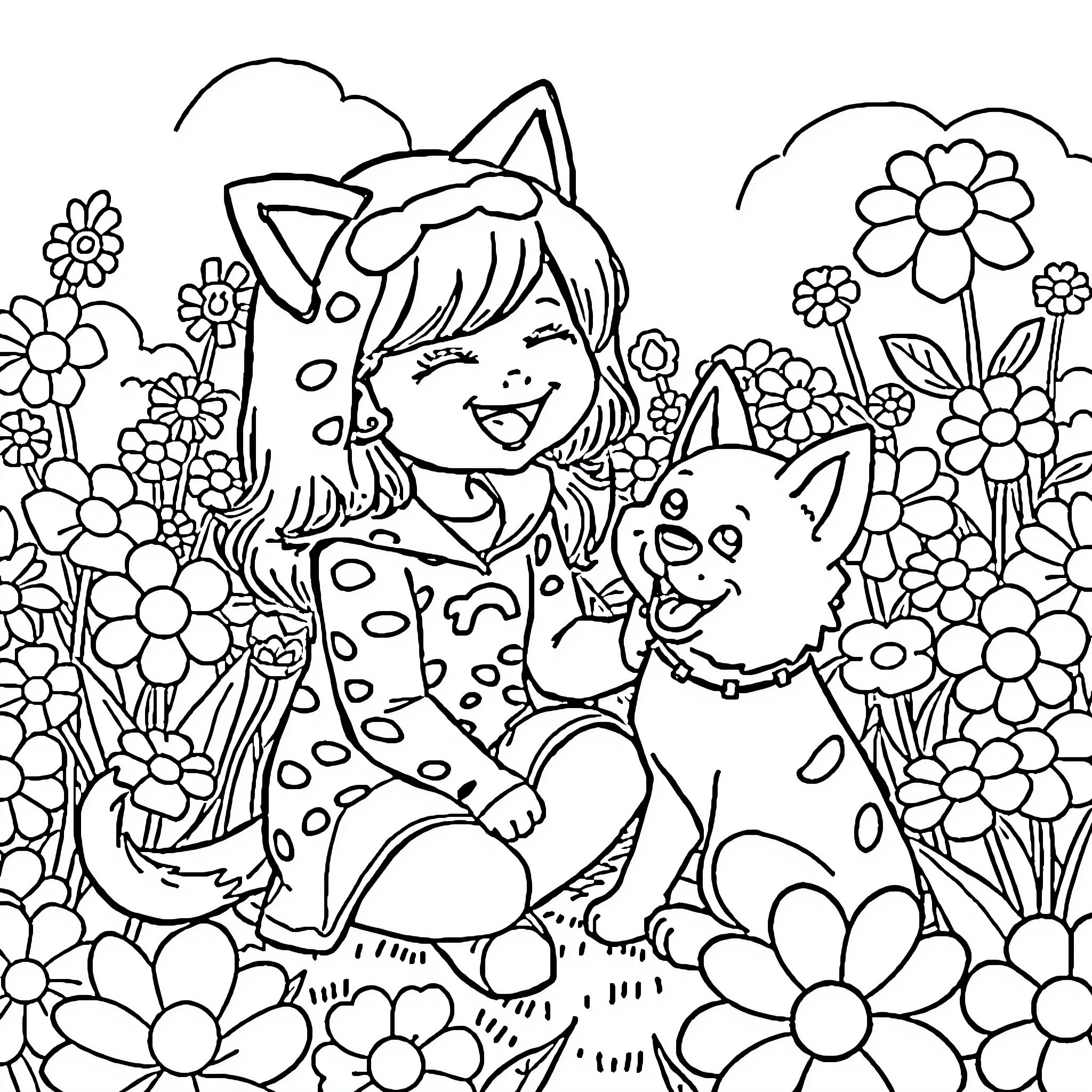 Girl plays happily with her cat in a floral field Coloring Page (free black-and-white line drawing printable PDF for all, from beginners to advanced learners, including children, teens, adults, and seniors)