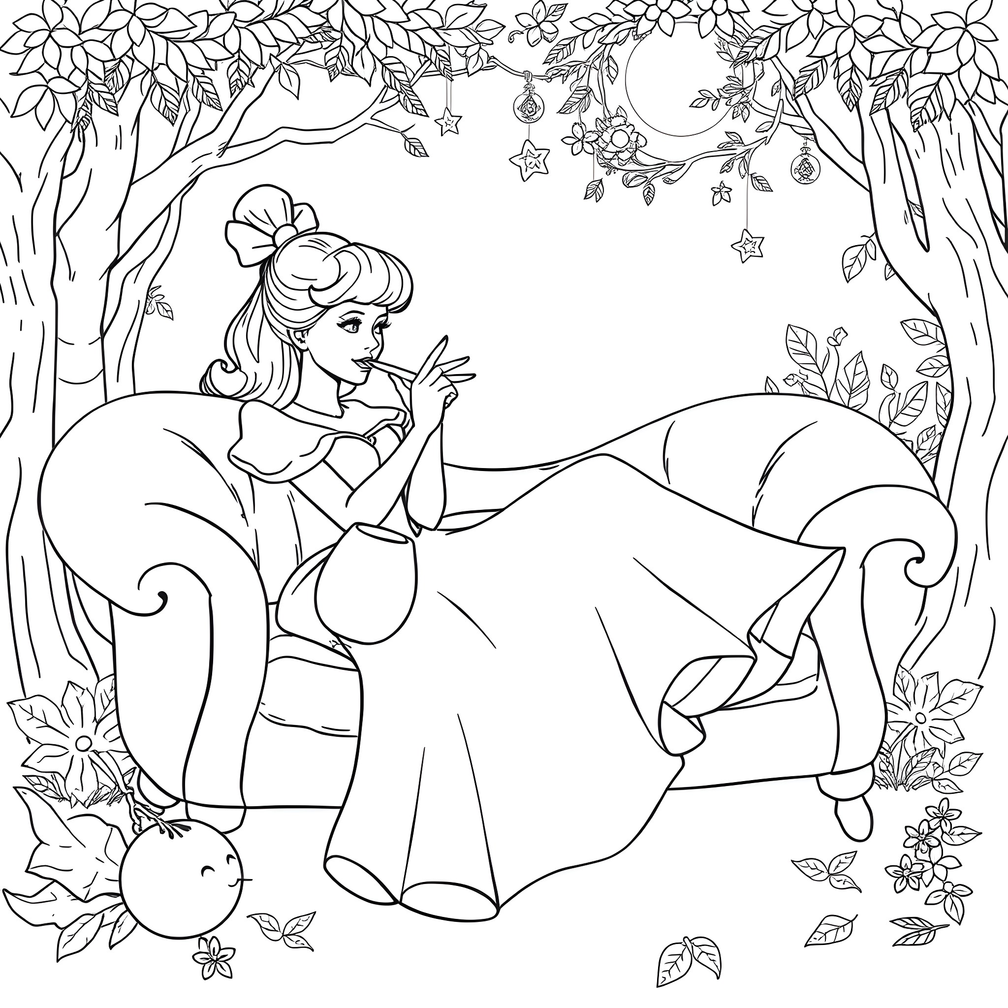 Cinderella resting in a magical forest setting Coloring Page (free black-and-white line drawing printable PDF for all, from beginners to advanced learners, including children, teens, adults, and seniors)