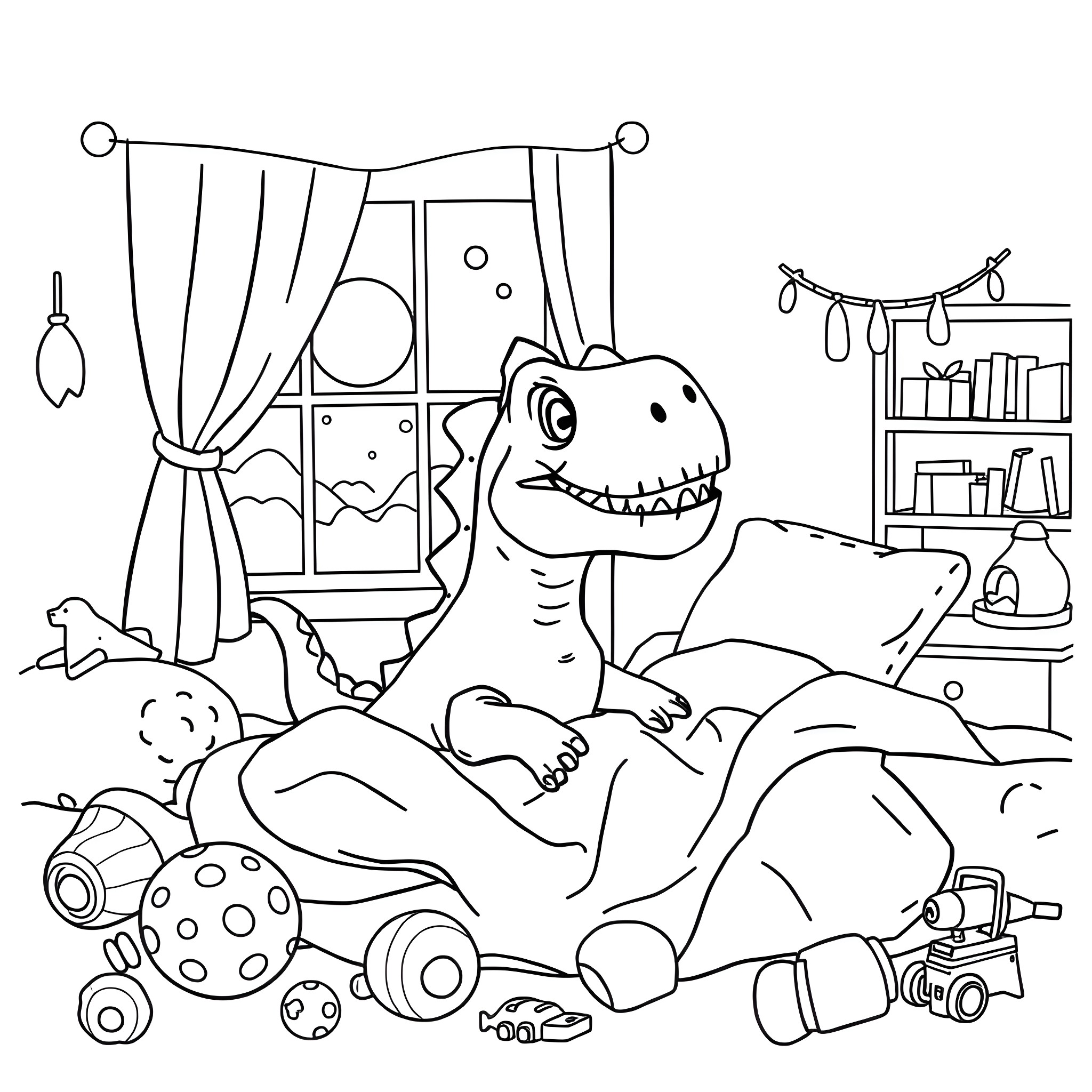 Dinosaur playing with toys in its room Coloring Page (free black-and-white line drawing printable PDF for all, from beginners to advanced learners, including children, teens, adults, and seniors)