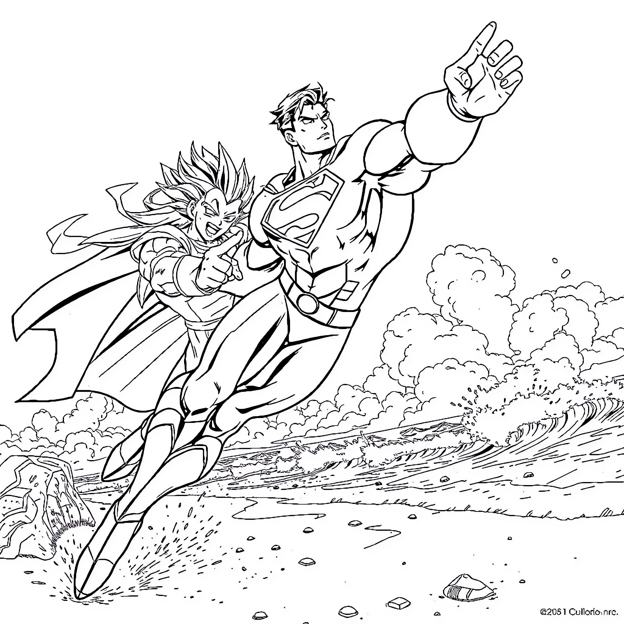 Superman heroically soaring through the sky Coloring Page (free black-and-white line drawing printable PDF for all, from beginners to advanced learners, including children, teens, adults, and seniors)