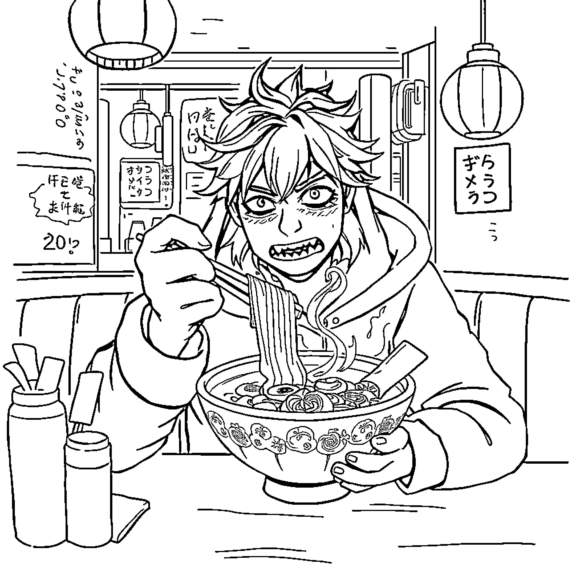 HUNTR/X Hungry anime boy eating ramen enthusiastically Coloring Page (free black-and-white line drawing printable PDF for all, from beginners to advanced learners, including children, teens, adults, and seniors)