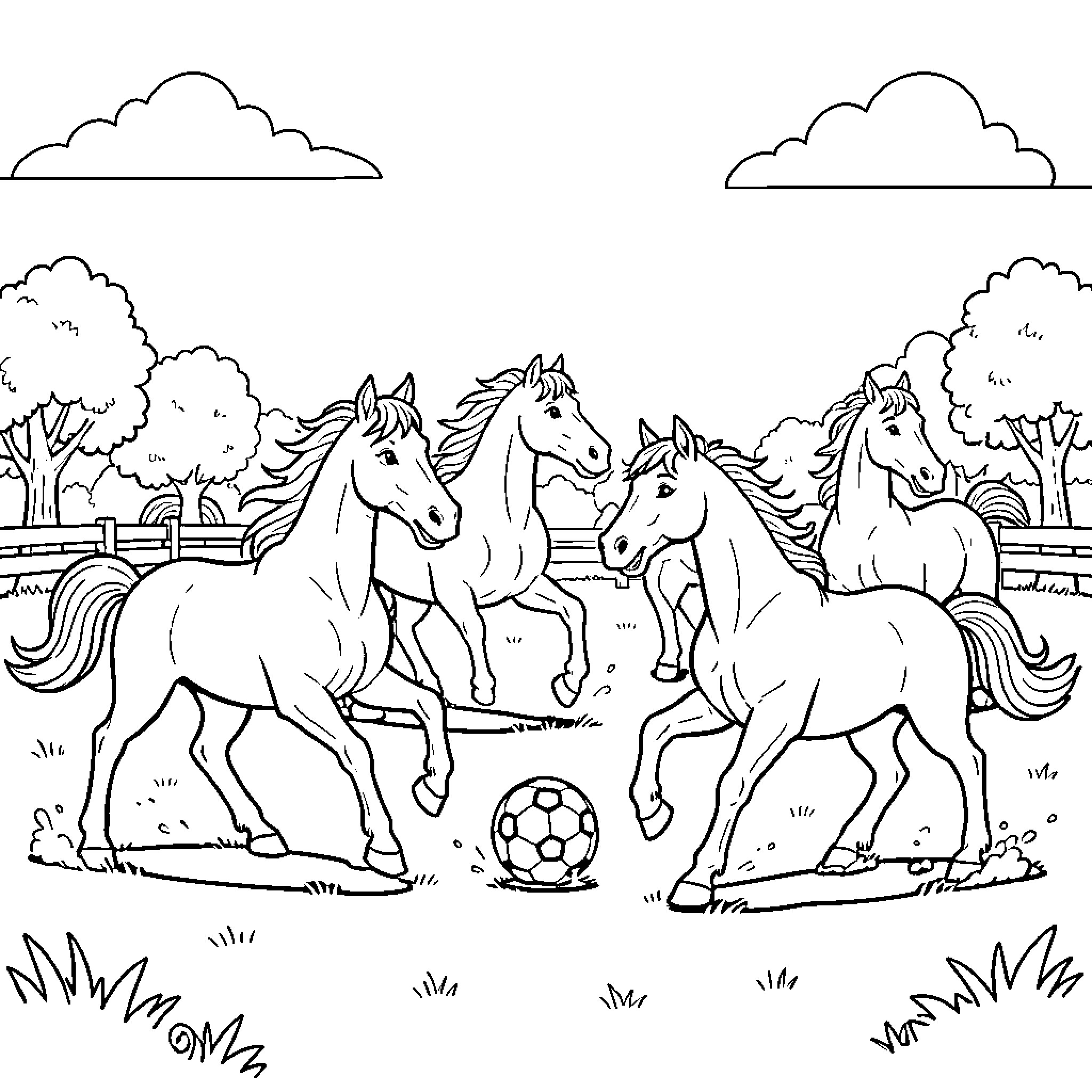 Horse herd playing with soccer ball in meadow Coloring Page (free black-and-white line drawing printable PDF for all, from beginners to advanced learners, including children, teens, adults, and seniors)