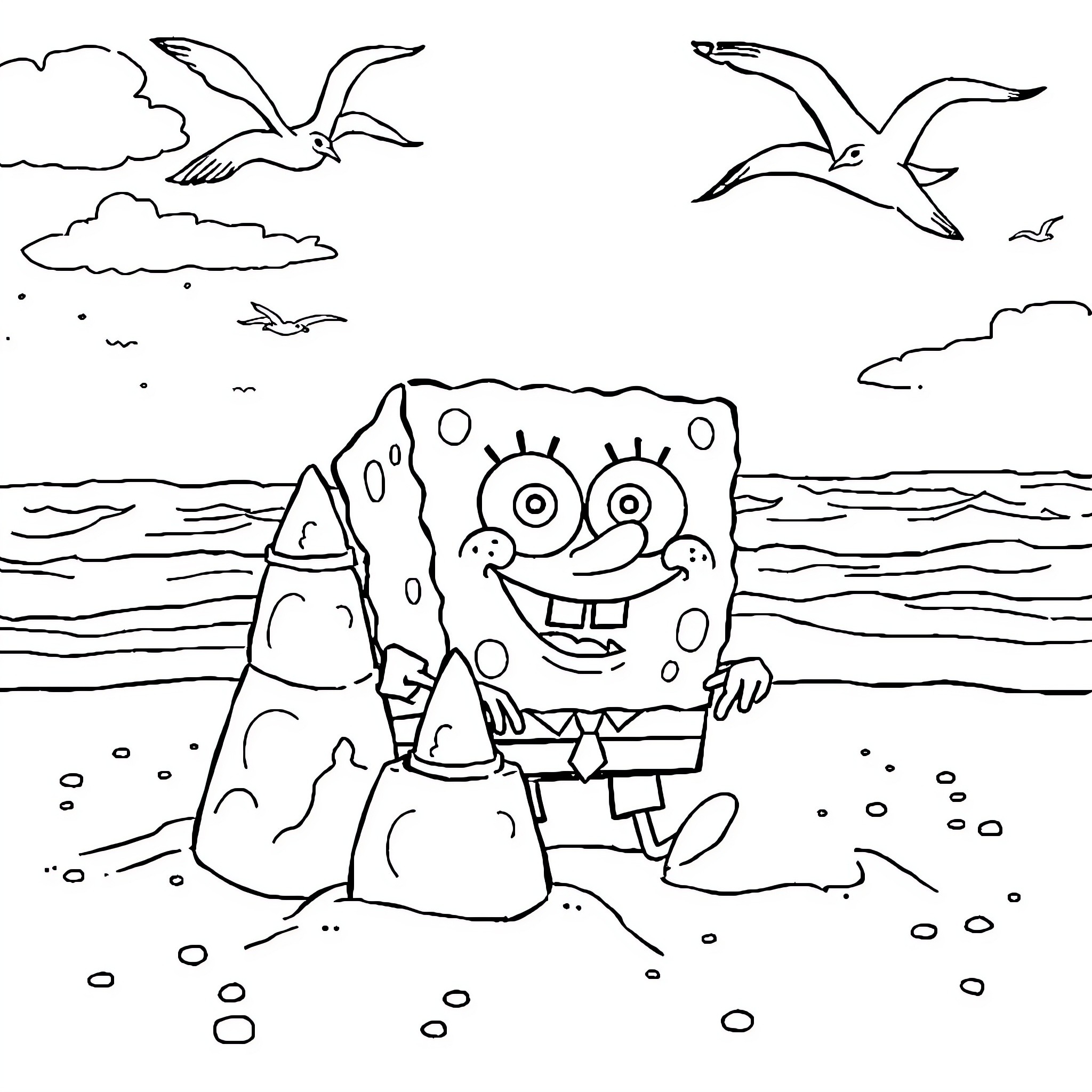 Spongebob playing on the beach with seagulls Coloring Page (free black-and-white line drawing printable PDF for all, from beginners to advanced learners, including children, teens, adults, and seniors)