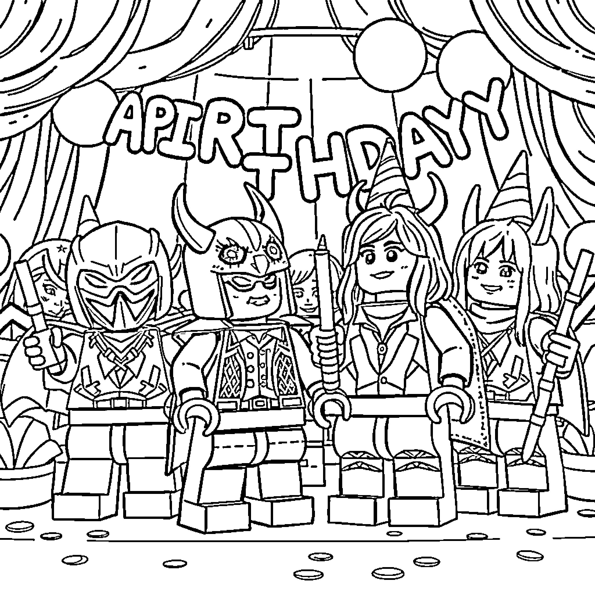 Lego characters celebrating birthday party Coloring Page (free black-and-white line drawing printable PDF for all, from beginners to advanced learners, including children, teens, adults, and seniors)