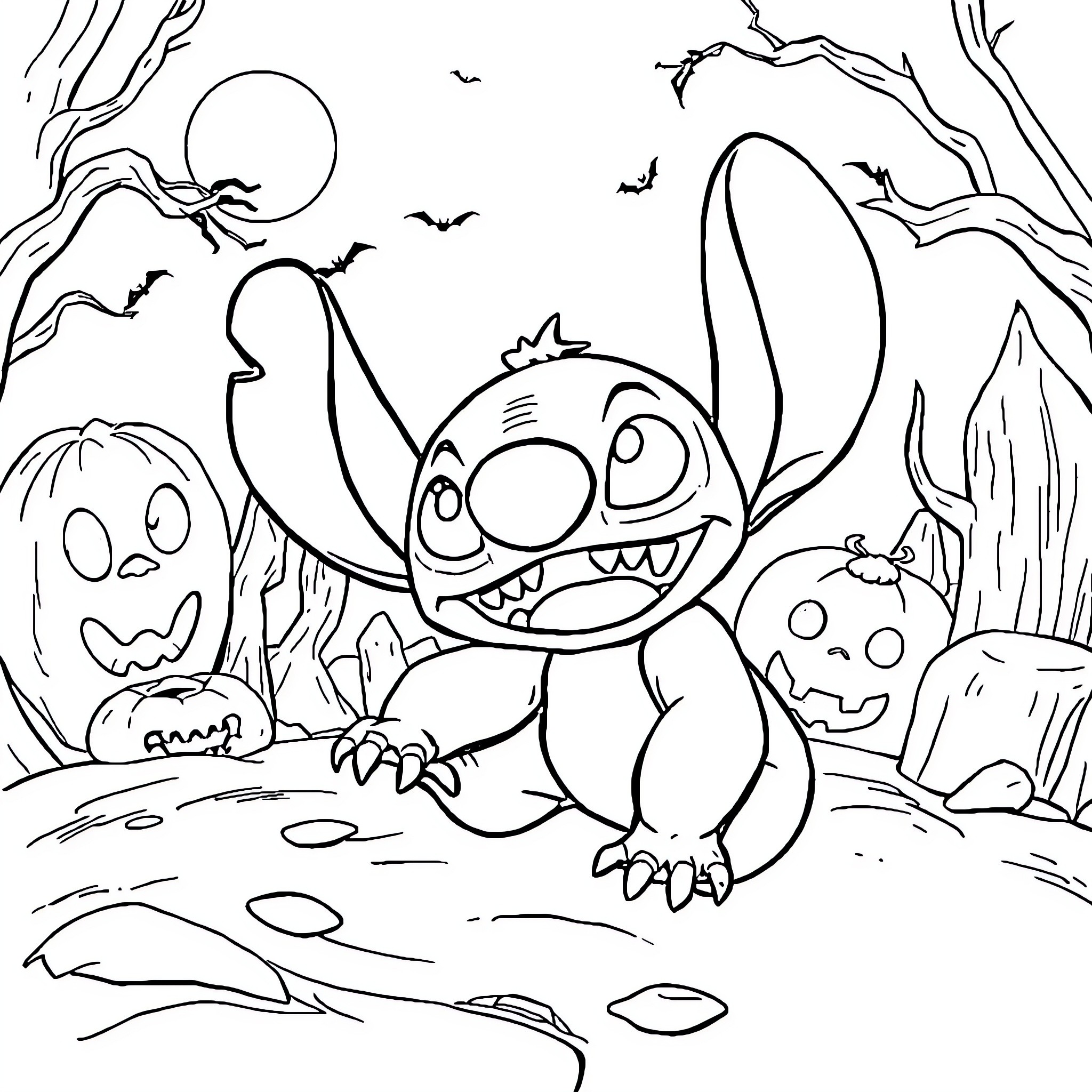 Stitch's Spooky Halloween Adventure Coloring Page (free black-and-white line drawing printable PDF for all, from beginners to advanced learners, including children, teens, adults, and seniors)