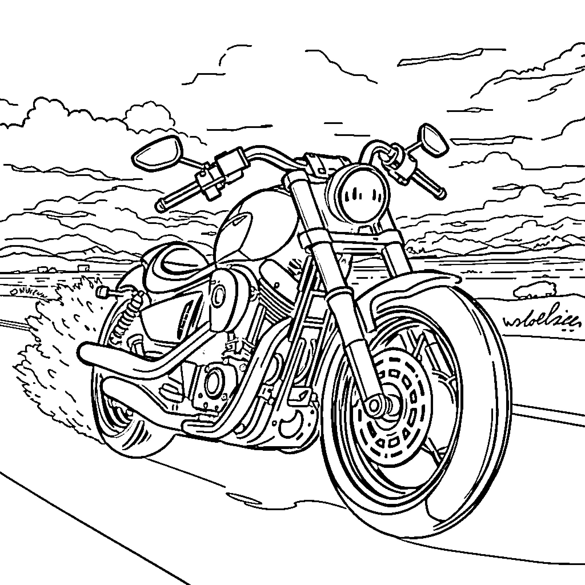 Moto Racing Through Scenic Landscape Coloring Page (free black-and-white line drawing printable PDF for all, from beginners to advanced learners, including children, teens, adults, and seniors)