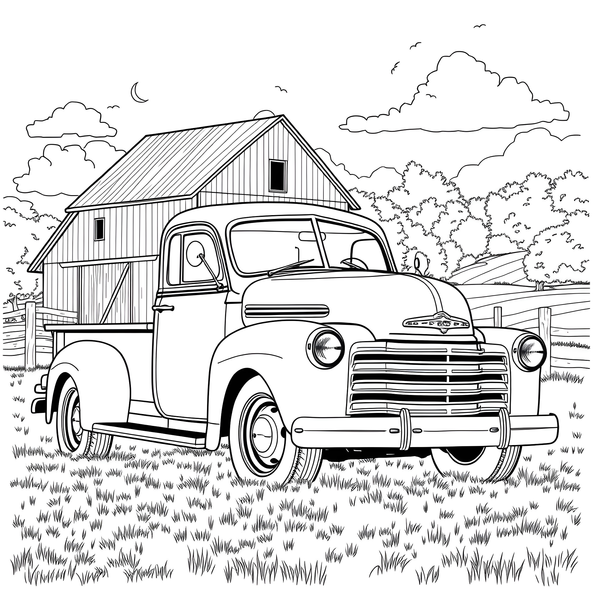 Truck parked in front of old barn on countryside Coloring Page (free black-and-white line drawing printable PDF for all, from beginners to advanced learners, including children, teens, adults, and seniors)