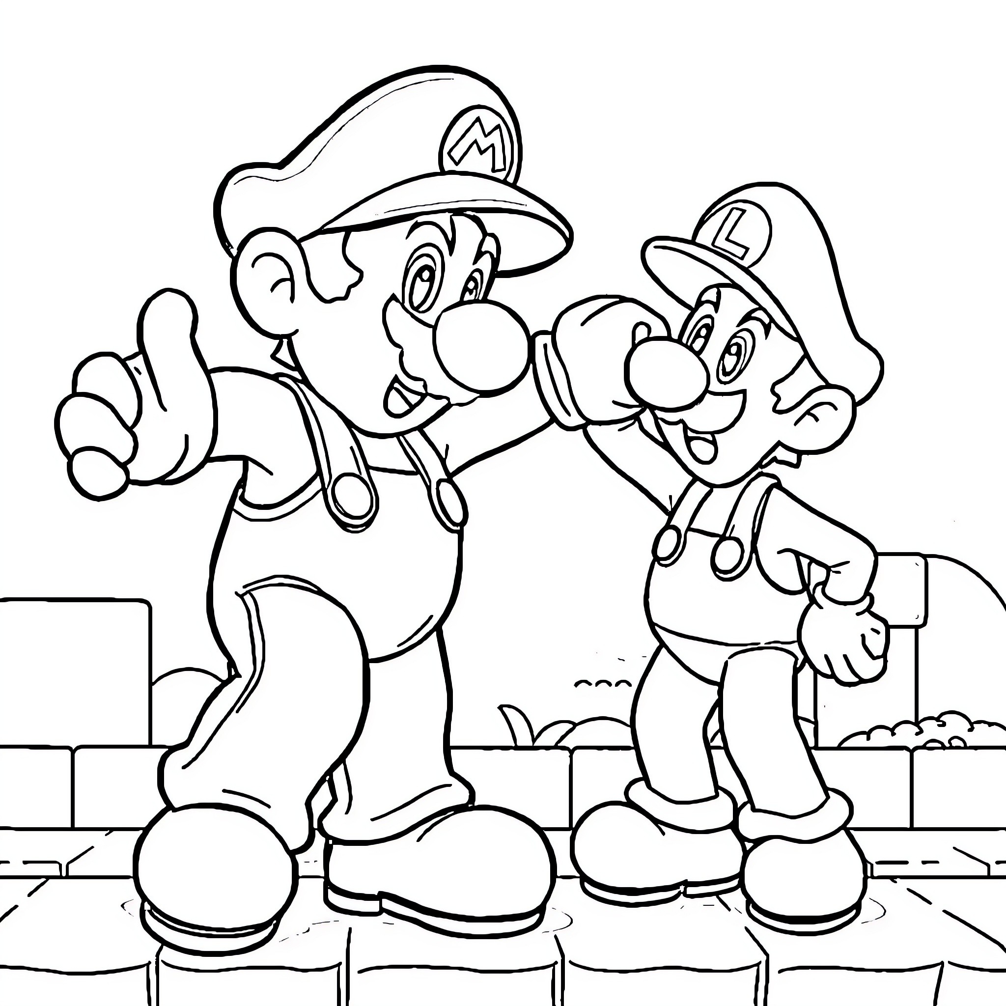 Mario and Luigi in a Playful Adventure Coloring Page (free black-and-white line drawing printable PDF for all, from beginners to advanced learners, including children, teens, adults, and seniors)