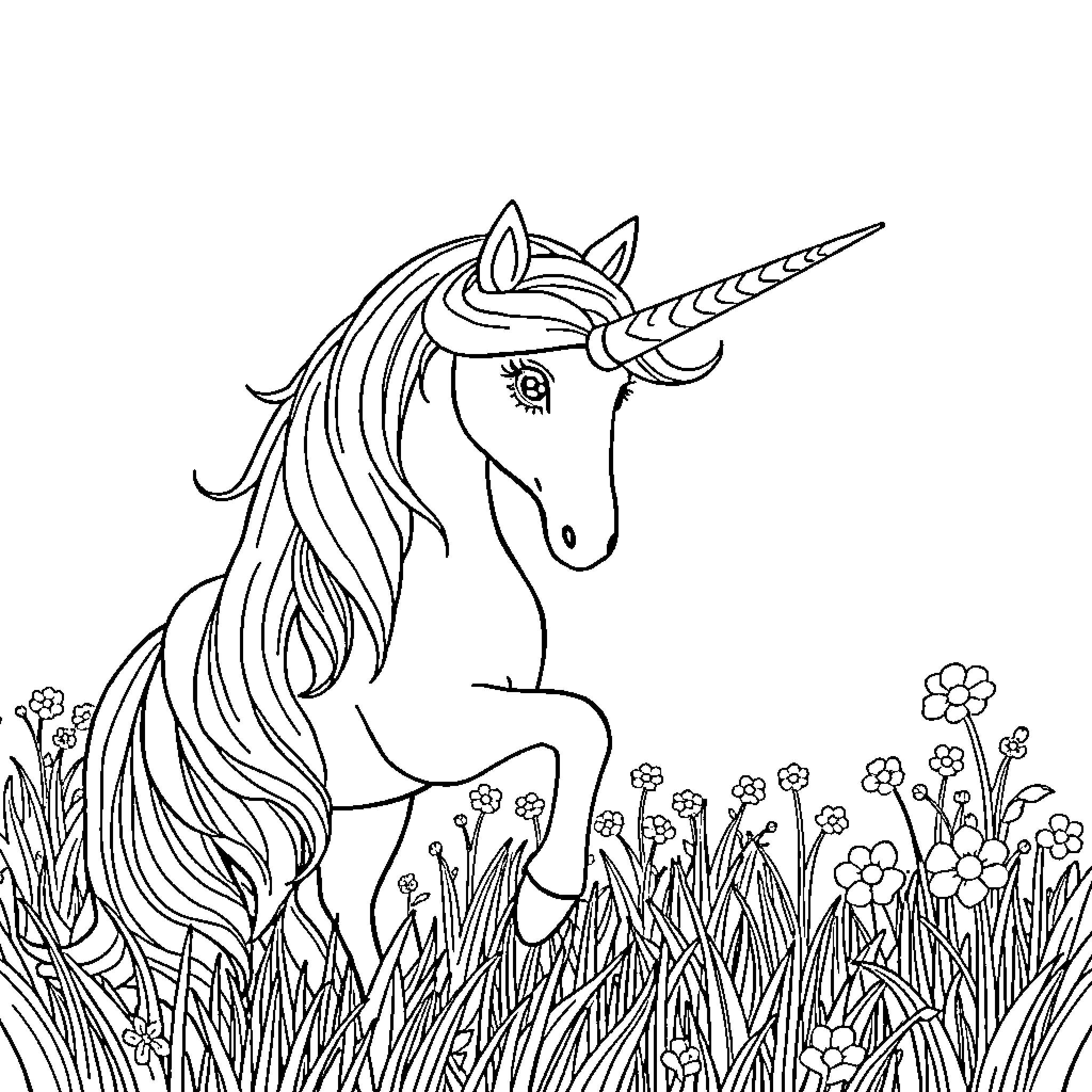 Unicorn standing gracefully in a floral meadow Coloring Page (free black-and-white line drawing printable PDF for all, from beginners to advanced learners, including children, teens, adults, and seniors)