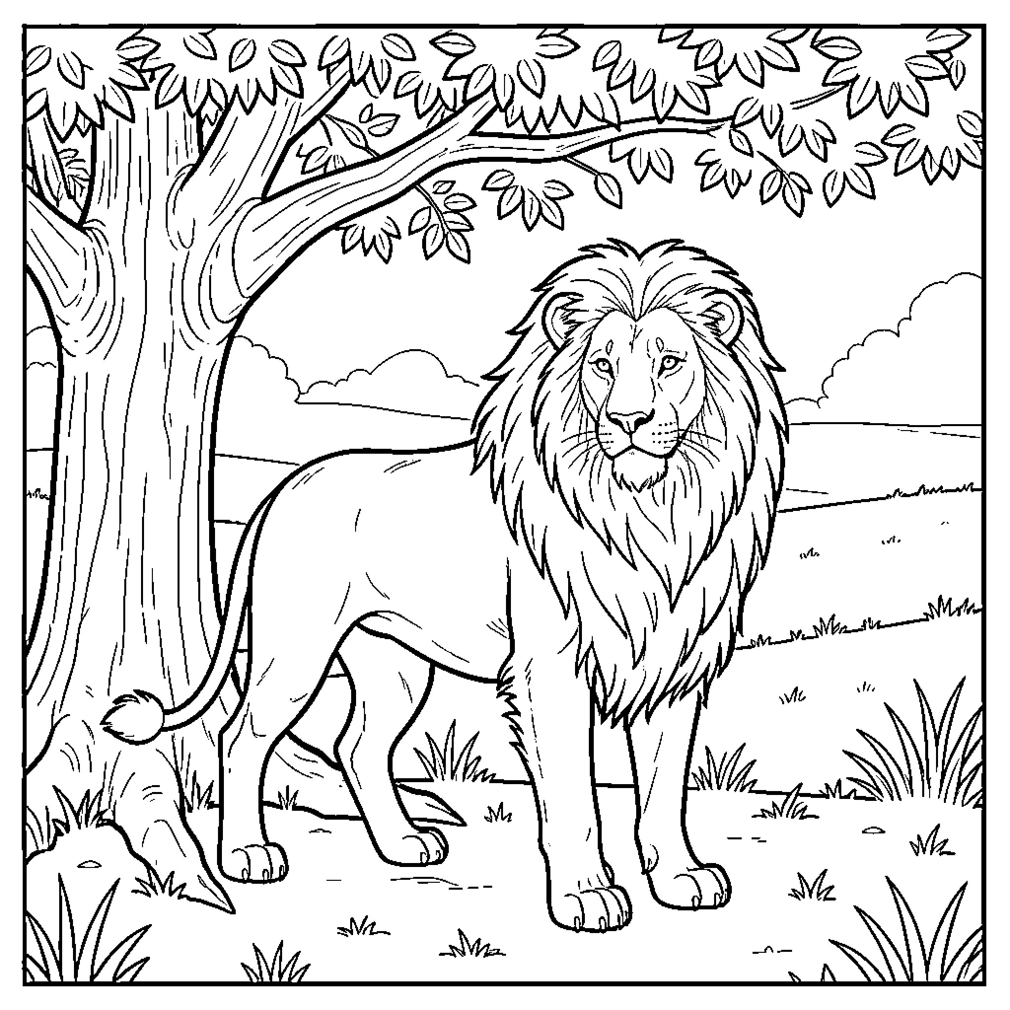 Lion standing majestically near a large tree Coloring Page (free black-and-white line drawing printable PDF for all, from beginners to advanced learners, including children, teens, adults, and seniors)