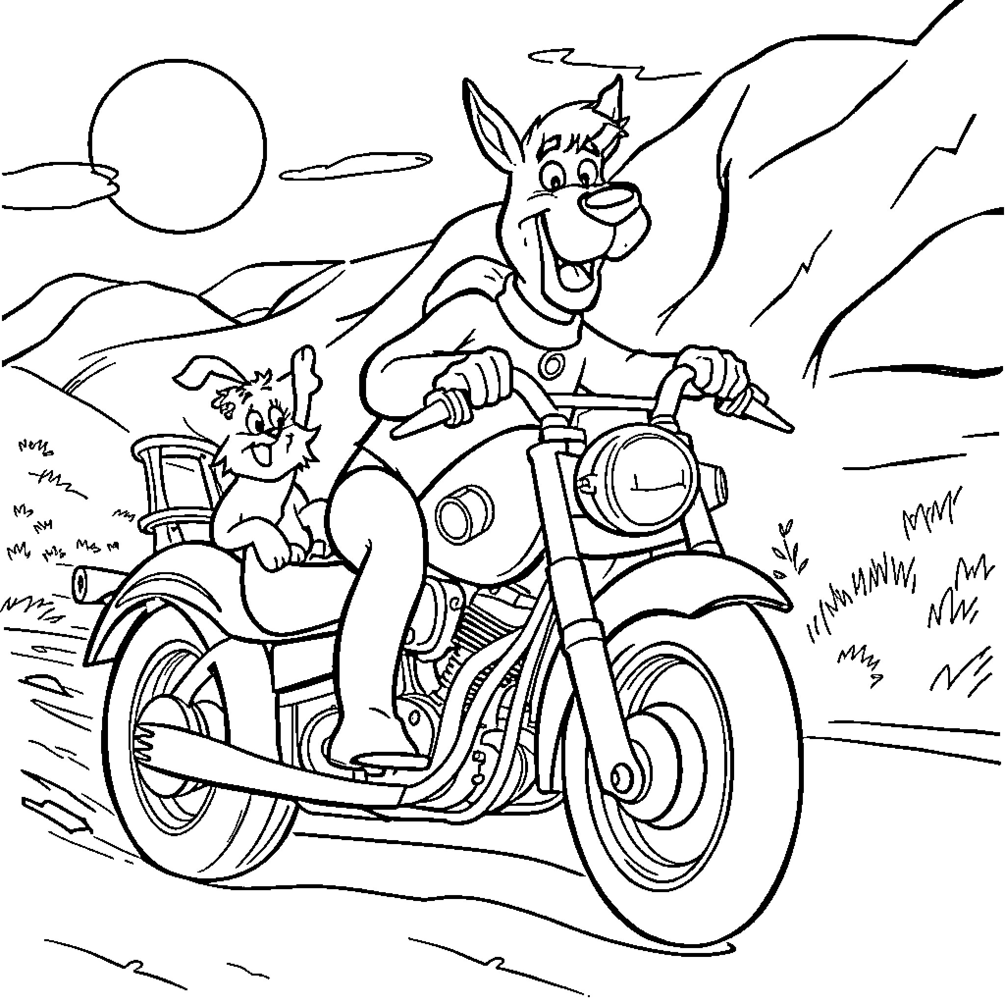Scooby Doo riding motorcycle with Scrappy Doo along Coloring Page (free black-and-white line drawing printable PDF for all, from beginners to advanced learners, including children, teens, adults, and seniors)