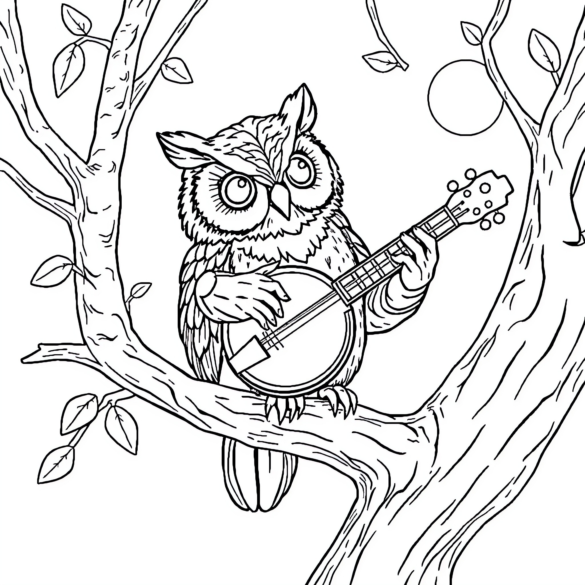 Owl playing a musical instrument in a forest Coloring Page (free black-and-white line drawing printable PDF for all, from beginners to advanced learners, including children, teens, adults, and seniors)