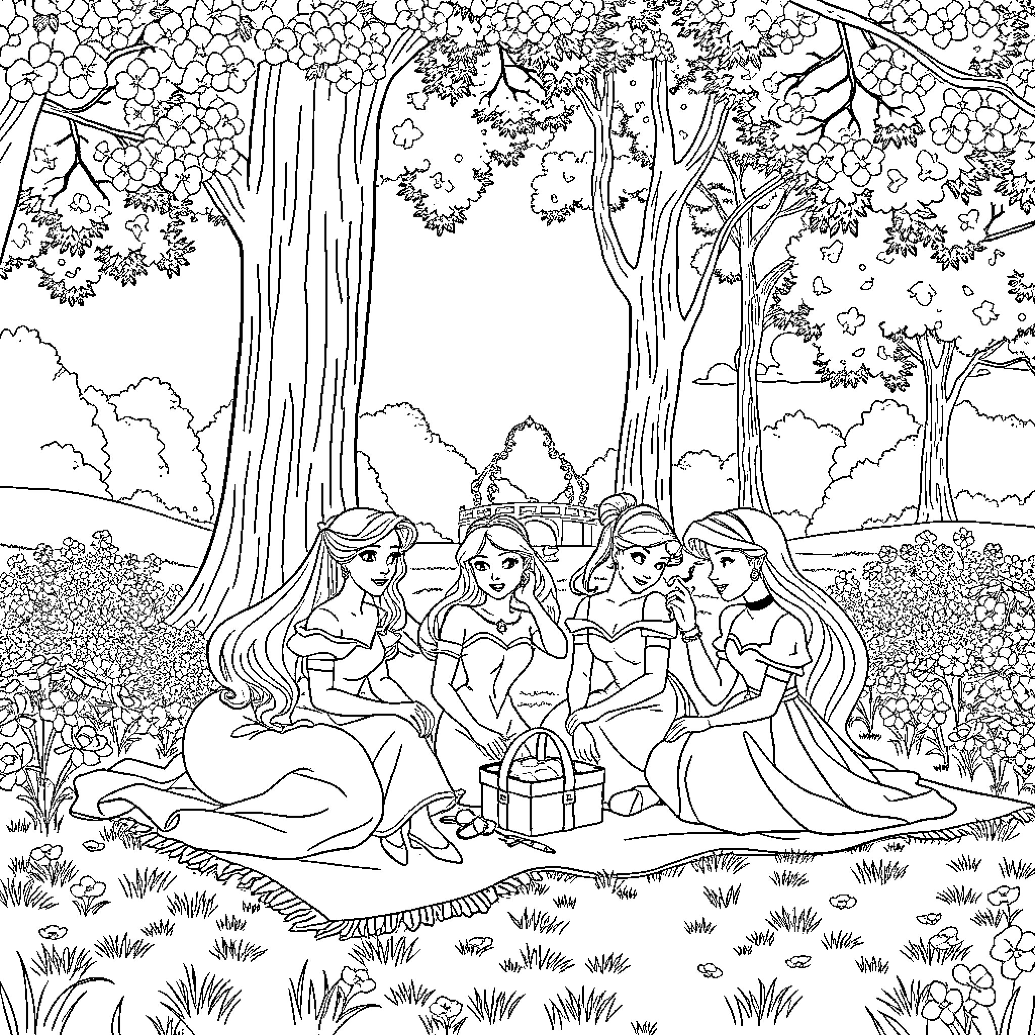 Princess Princesses Picnicking in Enchanted Forest Coloring Page (free black-and-white line drawing printable PDF for all, from beginners to advanced learners, including children, teens, adults, and seniors)