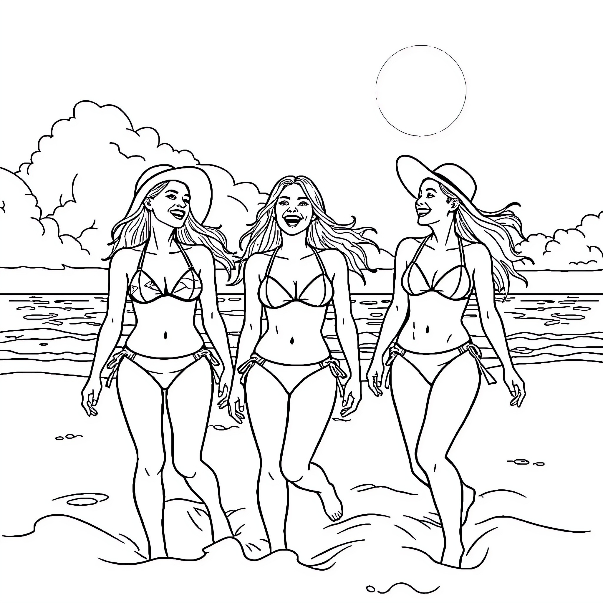 Girls enjoying a sunny day at the beach Coloring Page (free black-and-white line drawing printable PDF for all, from beginners to advanced learners, including children, teens, adults, and seniors)