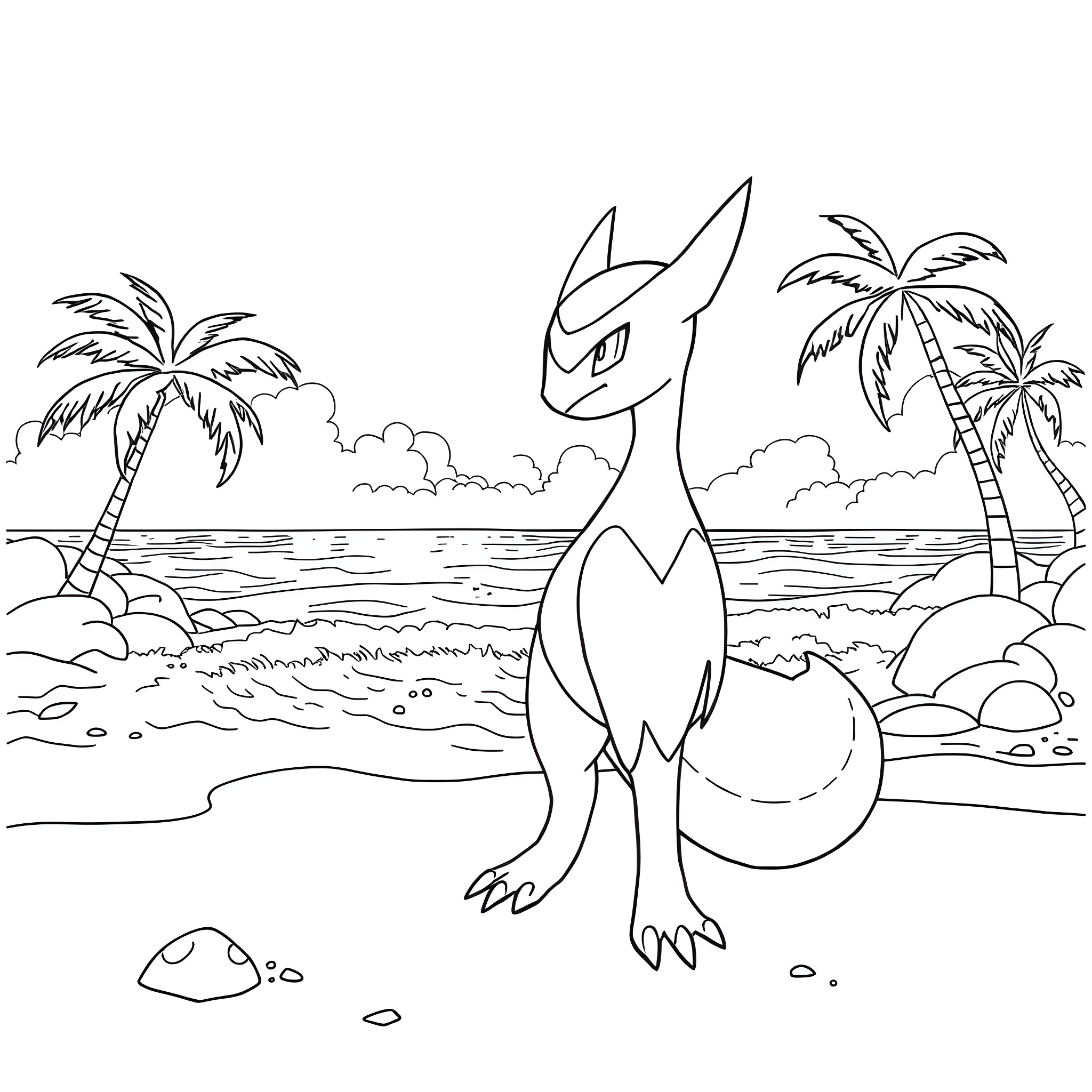 Mewtwo relaxing on a tropical beach Coloring Page (free black-and-white line drawing printable PDF for all, from beginners to advanced learners, including children, teens, adults, and seniors)