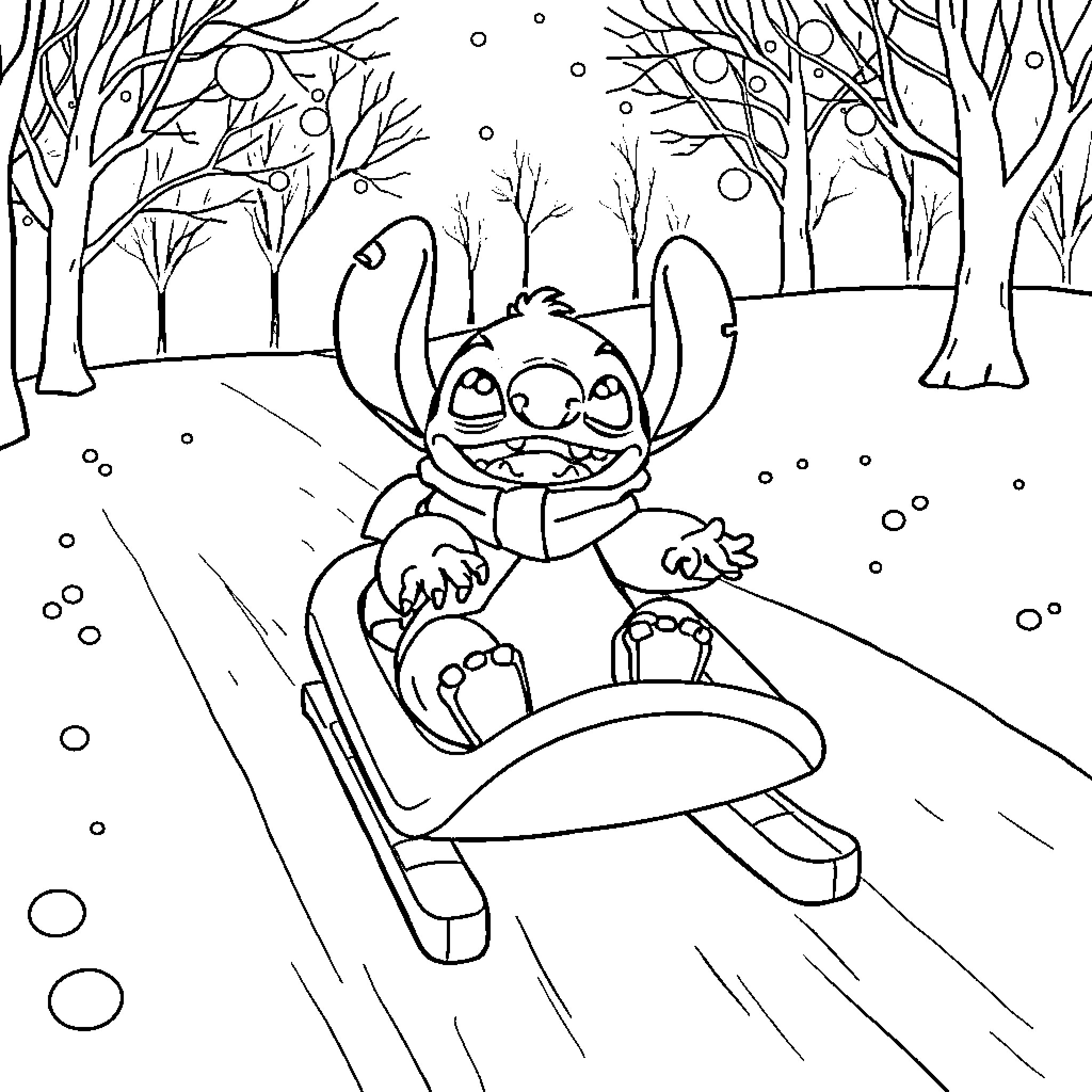 Stitch sledding through a snowy forest Coloring Page (free black-and-white line drawing printable PDF for all, from beginners to advanced learners, including children, teens, adults, and seniors)